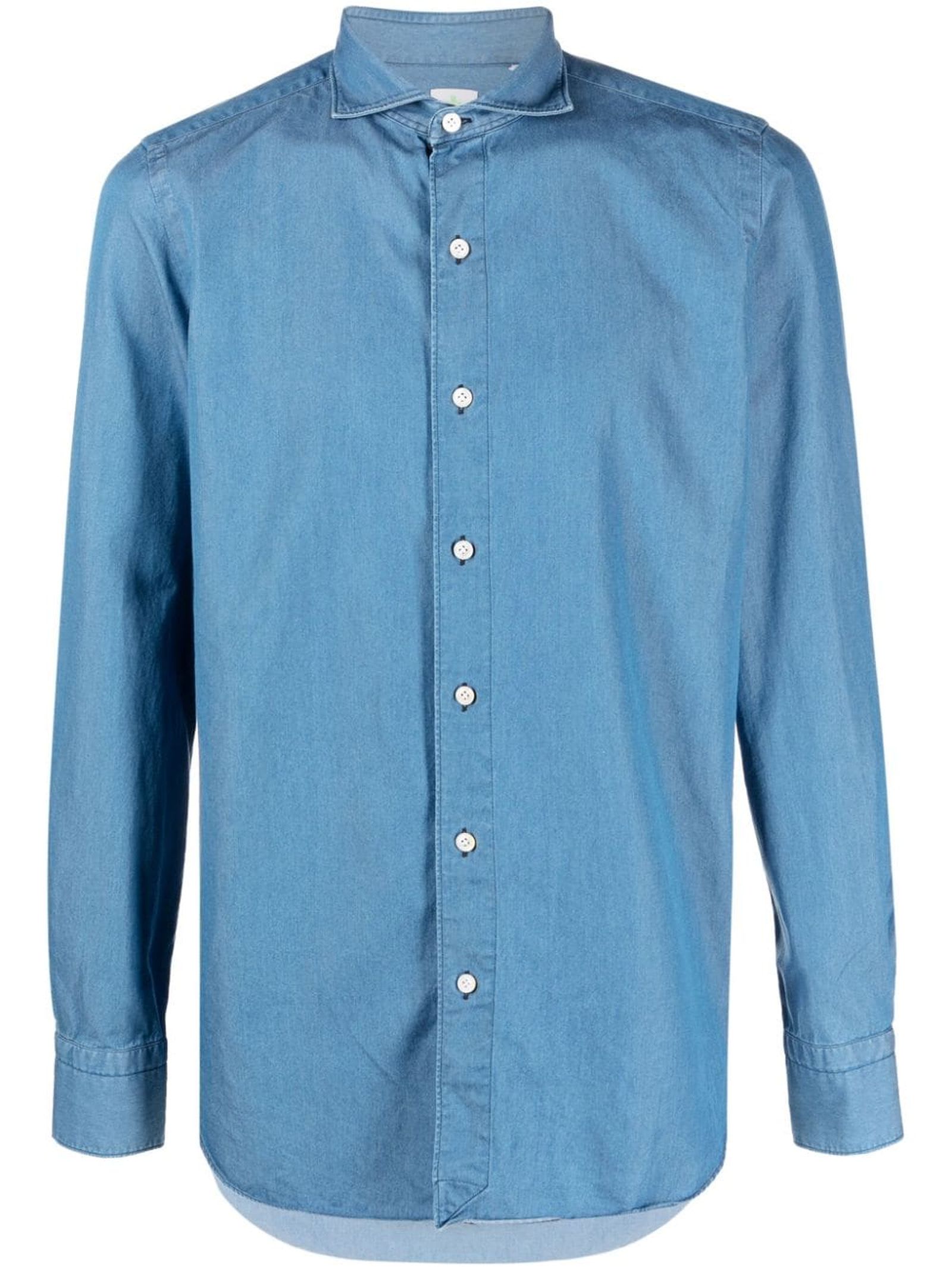 Shop Finamore Blue Cotton Denim Shirt