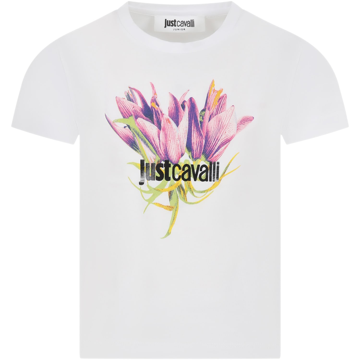 Just Cavalli White T-shirt For Girl With Flower Print And Logo