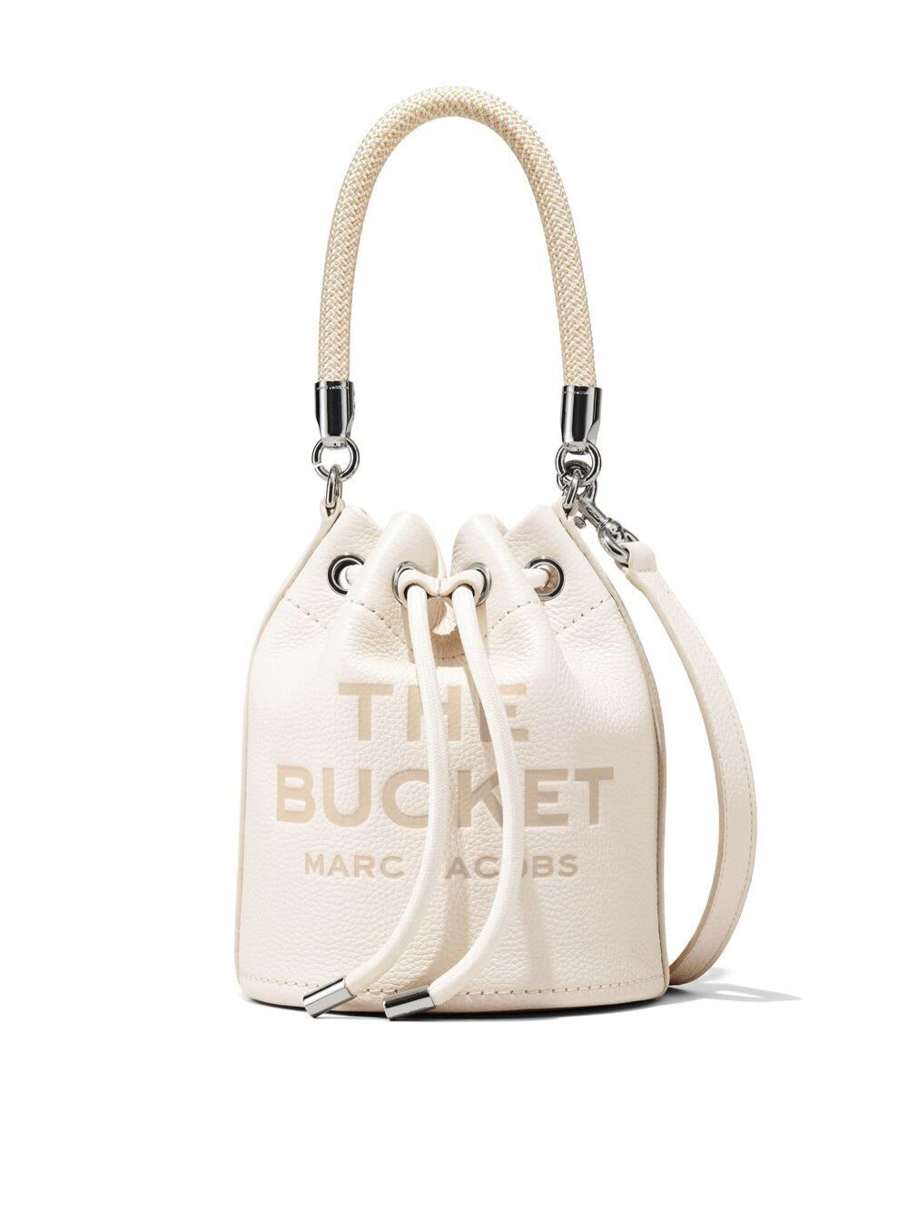 Shop Marc Jacobs The Leather Bucket White Handbag With Drawstring And Front Logo In Hammered Leather Woman