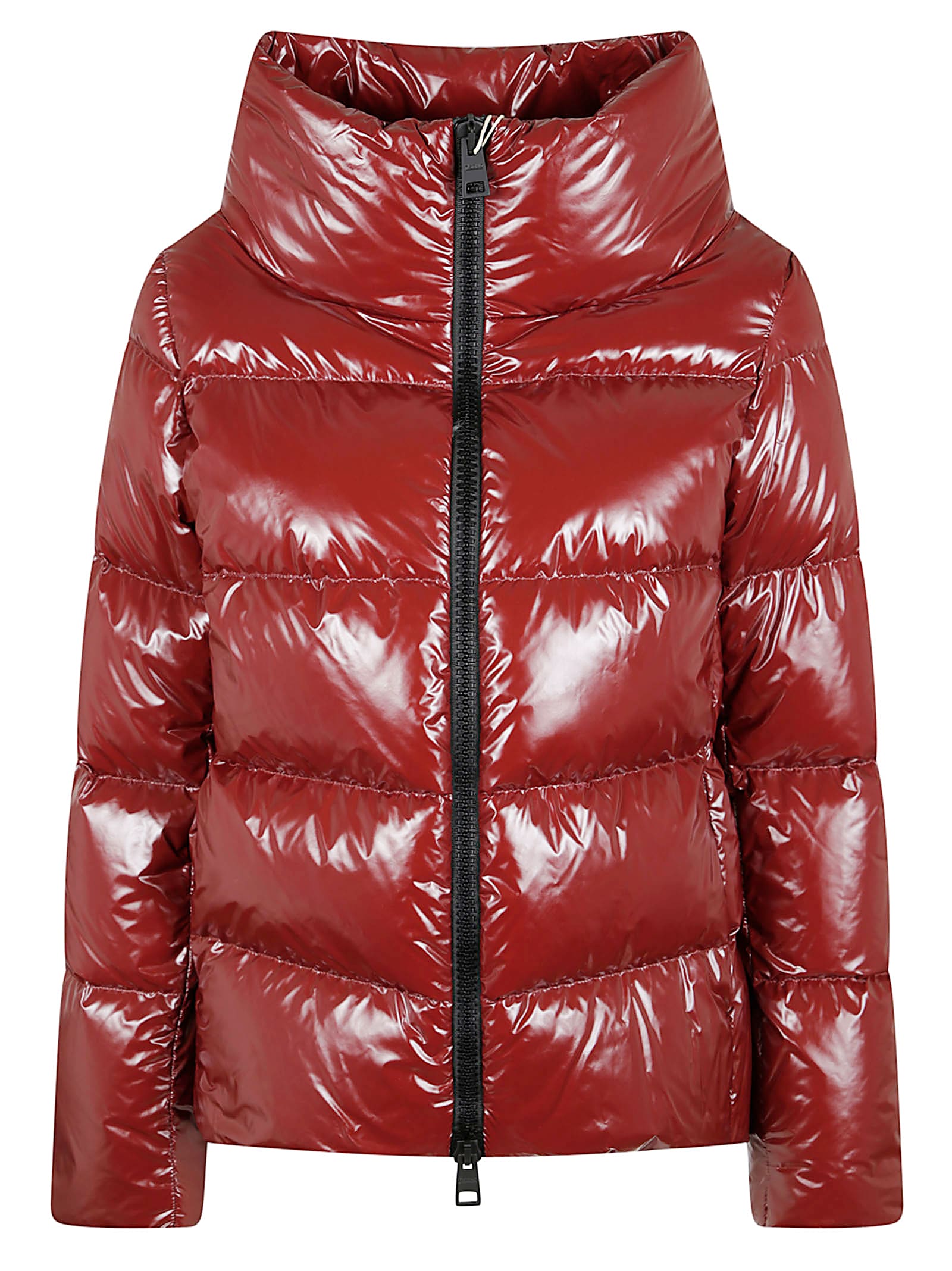 Herno Cropped Red Puffer Jacket With High Structured Collar In Brown