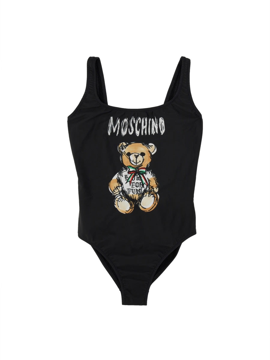 Shop Moschino Drawn Teddy Bear One-piece Swimsuit In Black