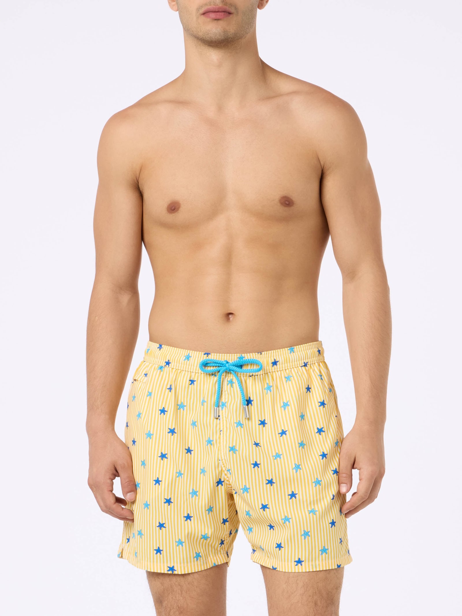 Mc2 Saint Barth Man Comfort Light Swim Shorts With Starfishes Print In Yellow
