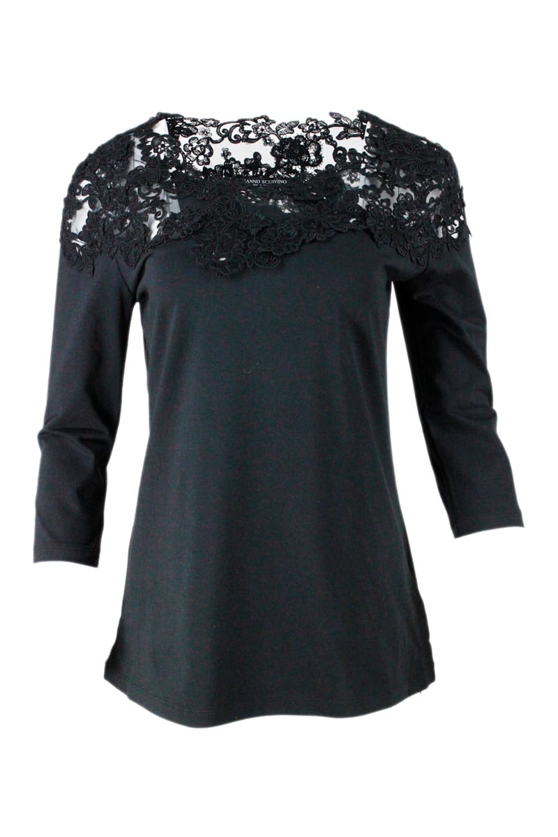 ERMANNO SCERVINO 3/4 SLEEVE T-SHIRT WITH APPLIQUÉS AND LACE INSERTS,D382L302 BIO95708