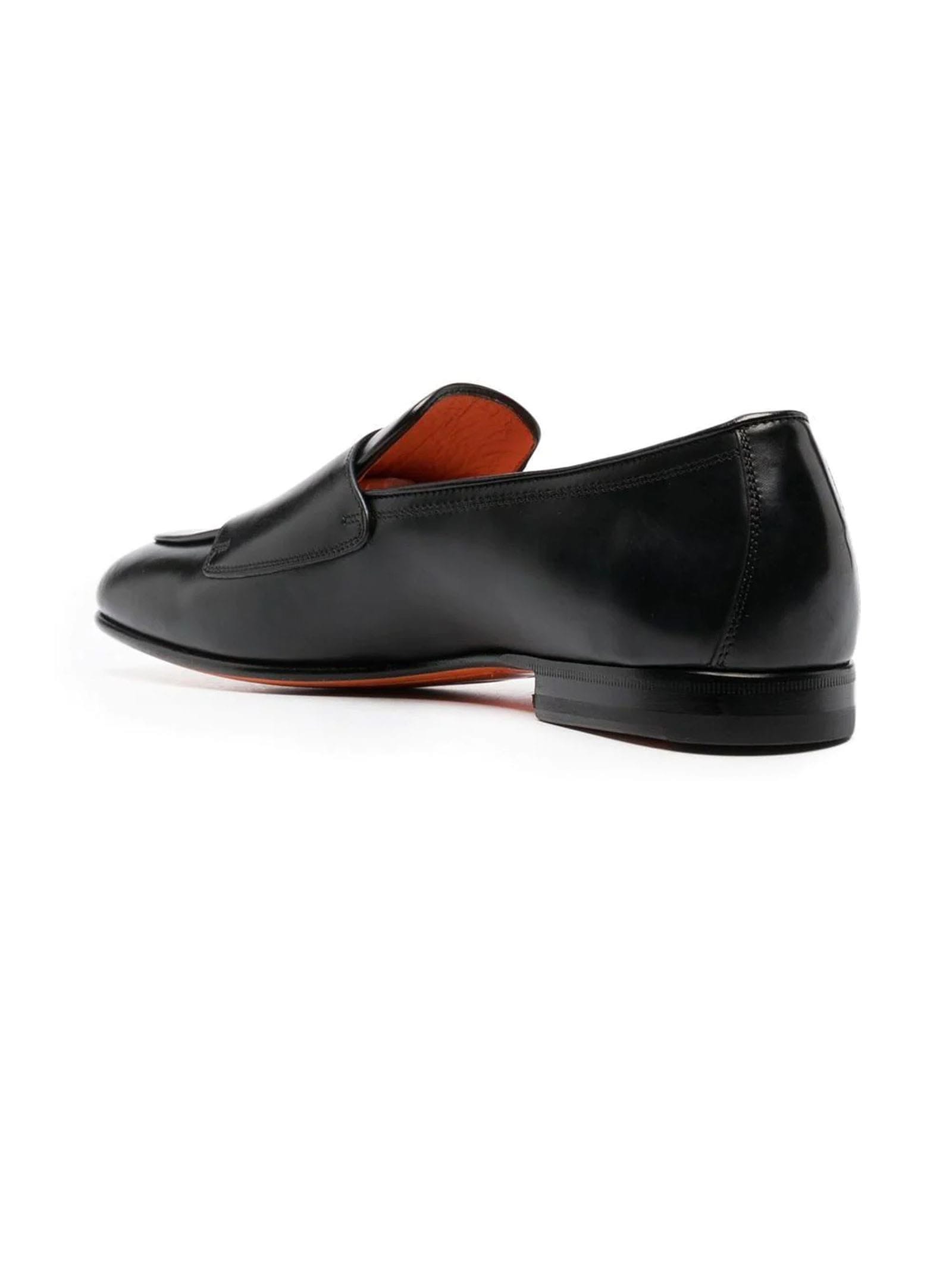 Shop Santoni Black Leather Monk Loafers