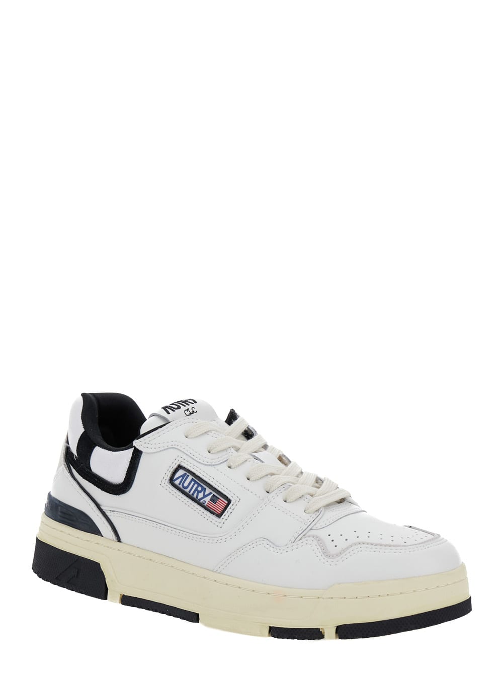 White Low Top Sneakers With Black Details And Logo Patch In Leather And Suede Man