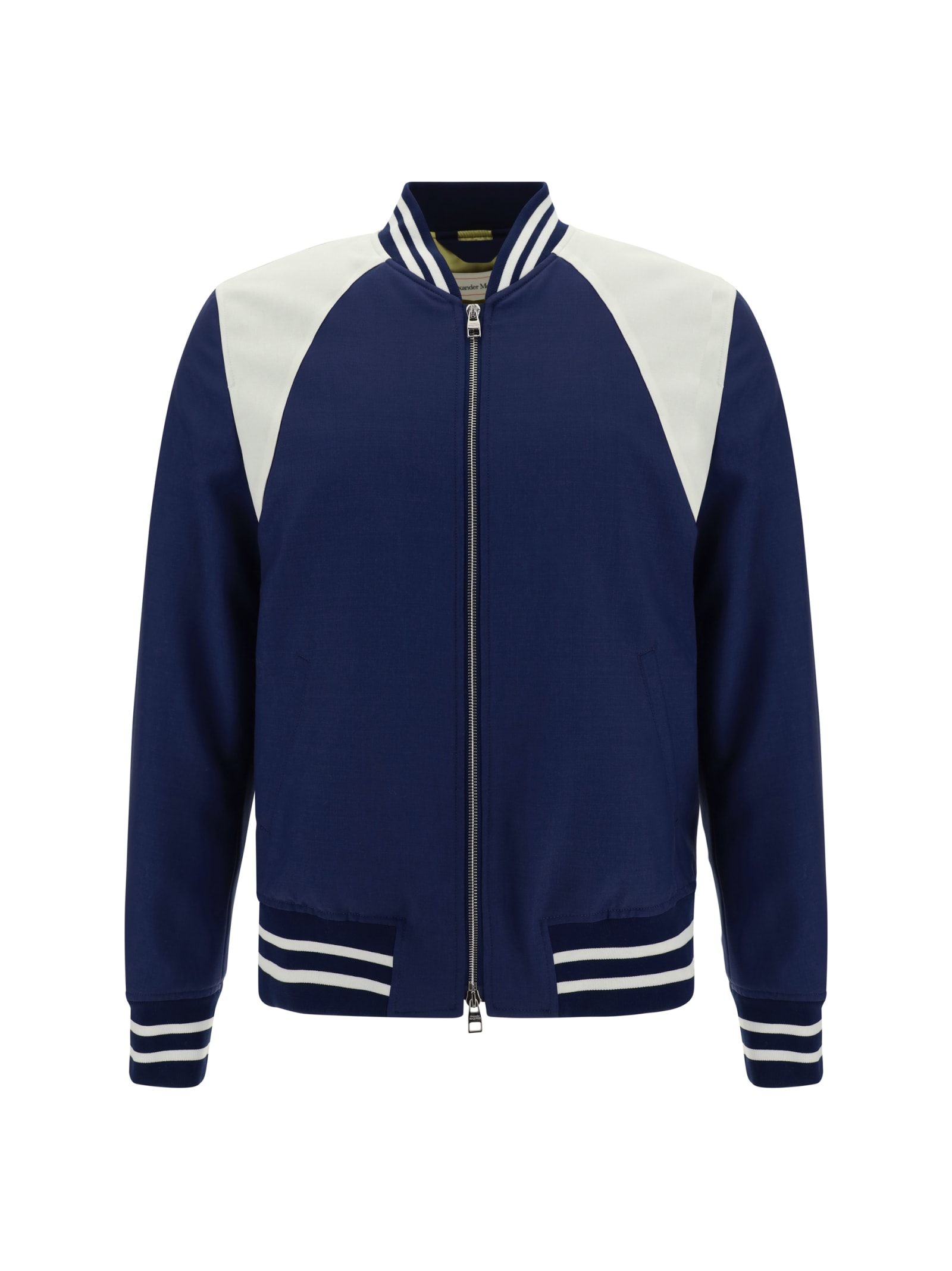 Alexander Mcqueen Panelled Wool And Mohair-blend Bomber Jacket In Indigo