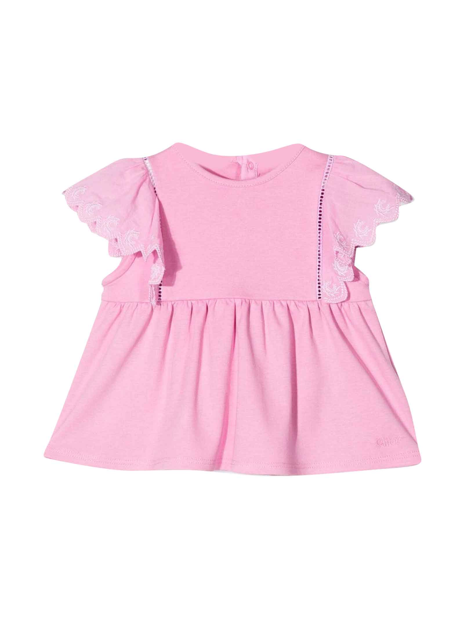Chloé Baby Girl Clouse Crewneck Chloè Kids. round Neck, Back Button Closure, Short Sleeves, Ruched Detail And Gathered Detail.