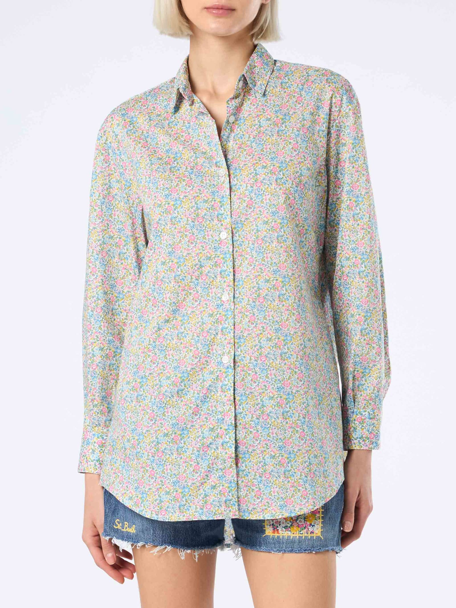 Shop Mc2 Saint Barth Woman Cotton Shirt Brigitte With Emma & Georgina Print Made With Liberty Fabric In Yellow