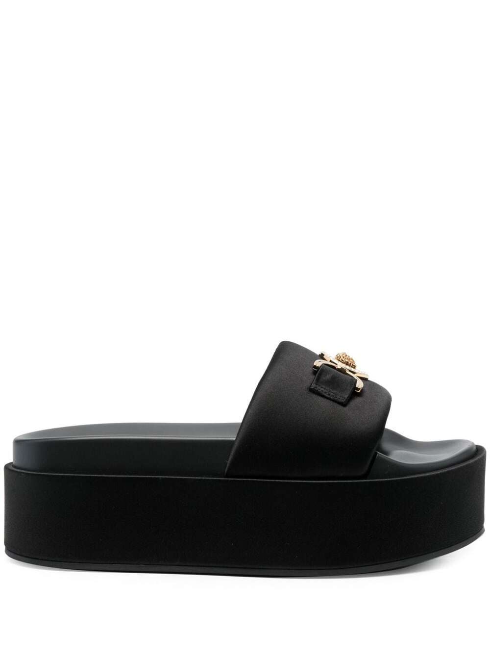 VERSACE PLATFORM MULES WITH MEDUSA HEAD DETAILING IN BLACK VISCOSE WOMAN