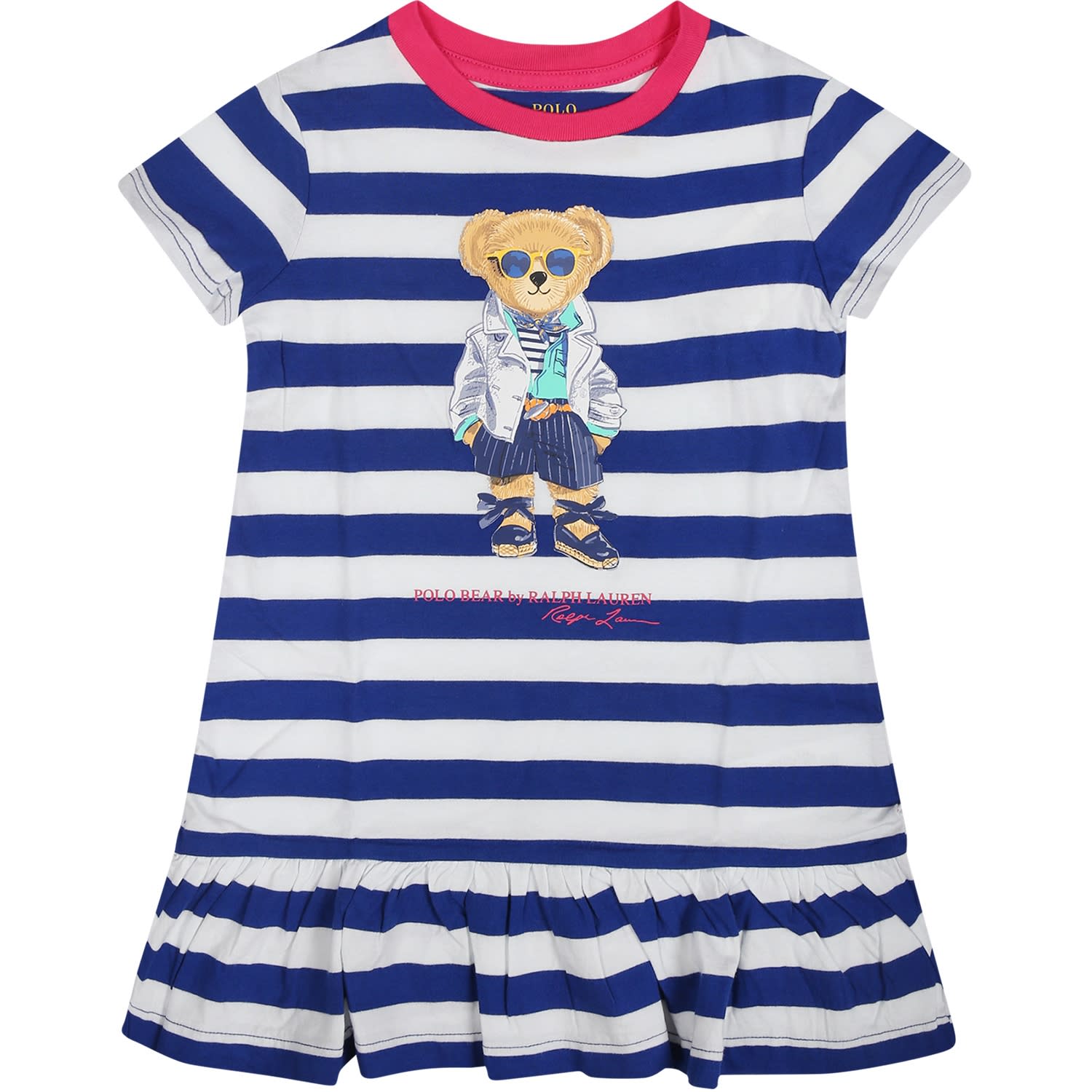 Ralph Lauren Kids' Blue Dress For Baby Girl With Polo Bear In Multicolor