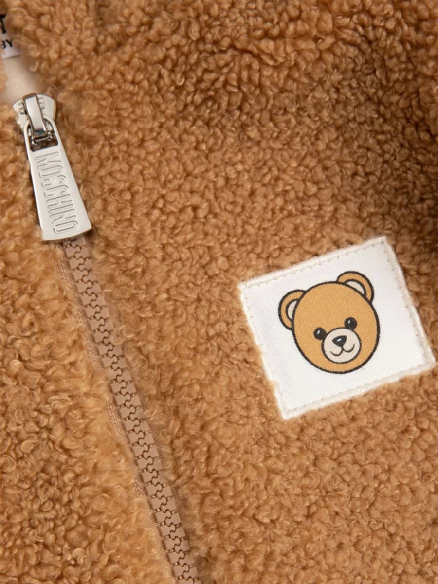 Moschino Brown Faux Fur Coat For Babykids With Teddy Bear In Brown