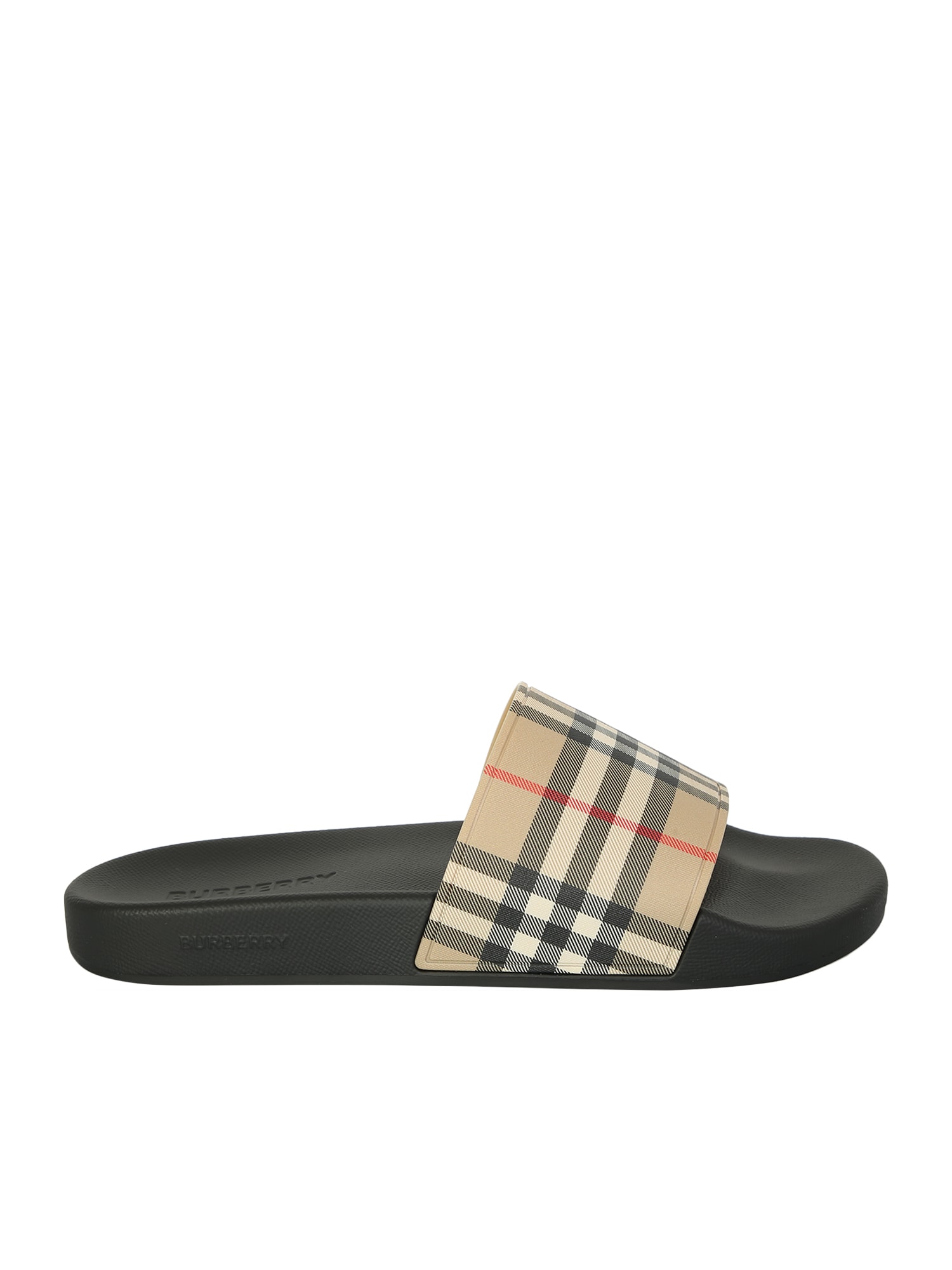 Burberry Contemporary, Cool And Vintage For The Checked Logo. Pool Slides Give A Casual Touch To The Look