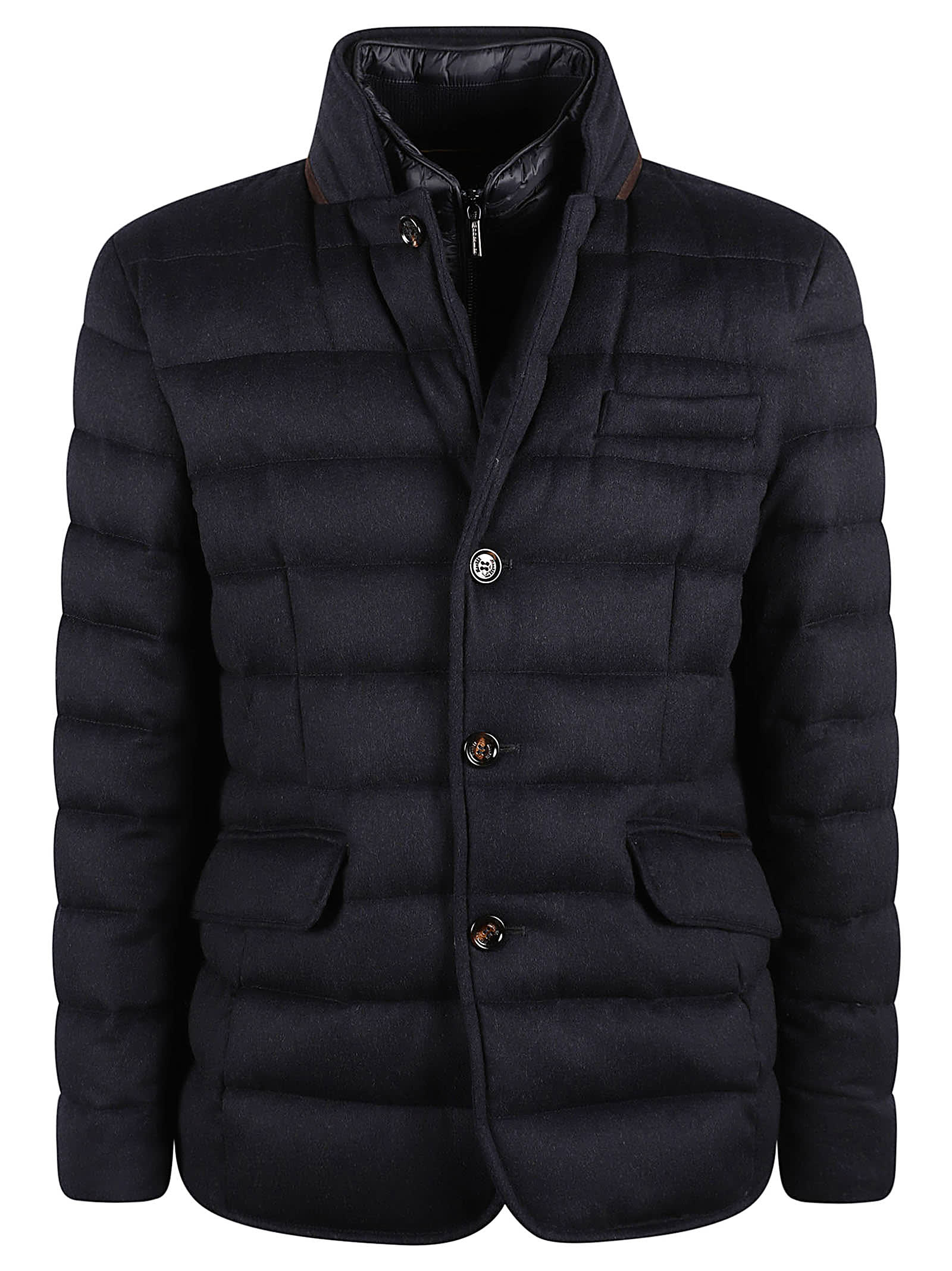 Moorer Padded And Quilted Jacket With Lined Collar In Blue/grey