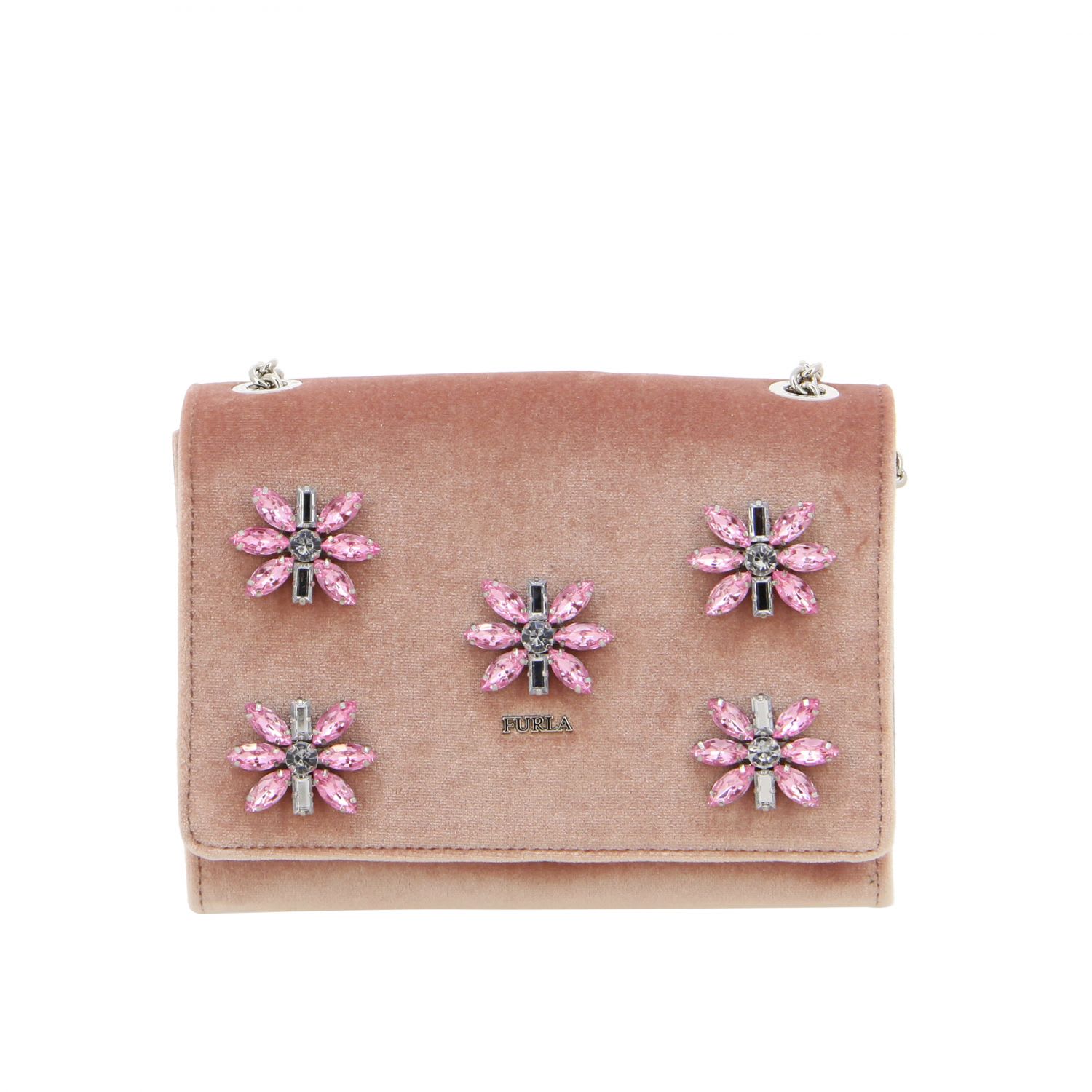 Furla Velvet Bag With Rhinestone Floral Applications In Pink