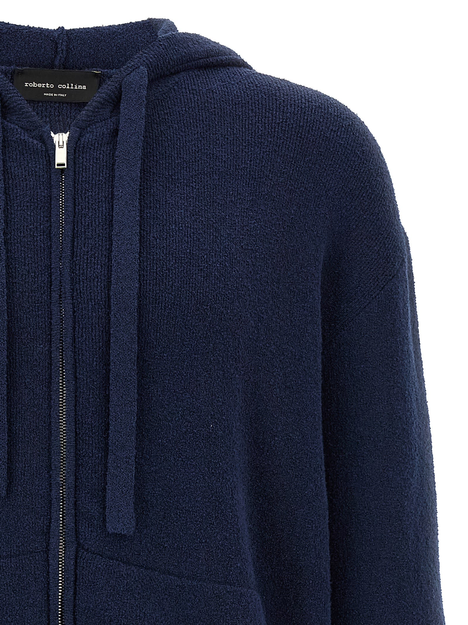 Roberto Collina Hooded Terry Sweater With Ribbed Cuffs And Hem In Blue