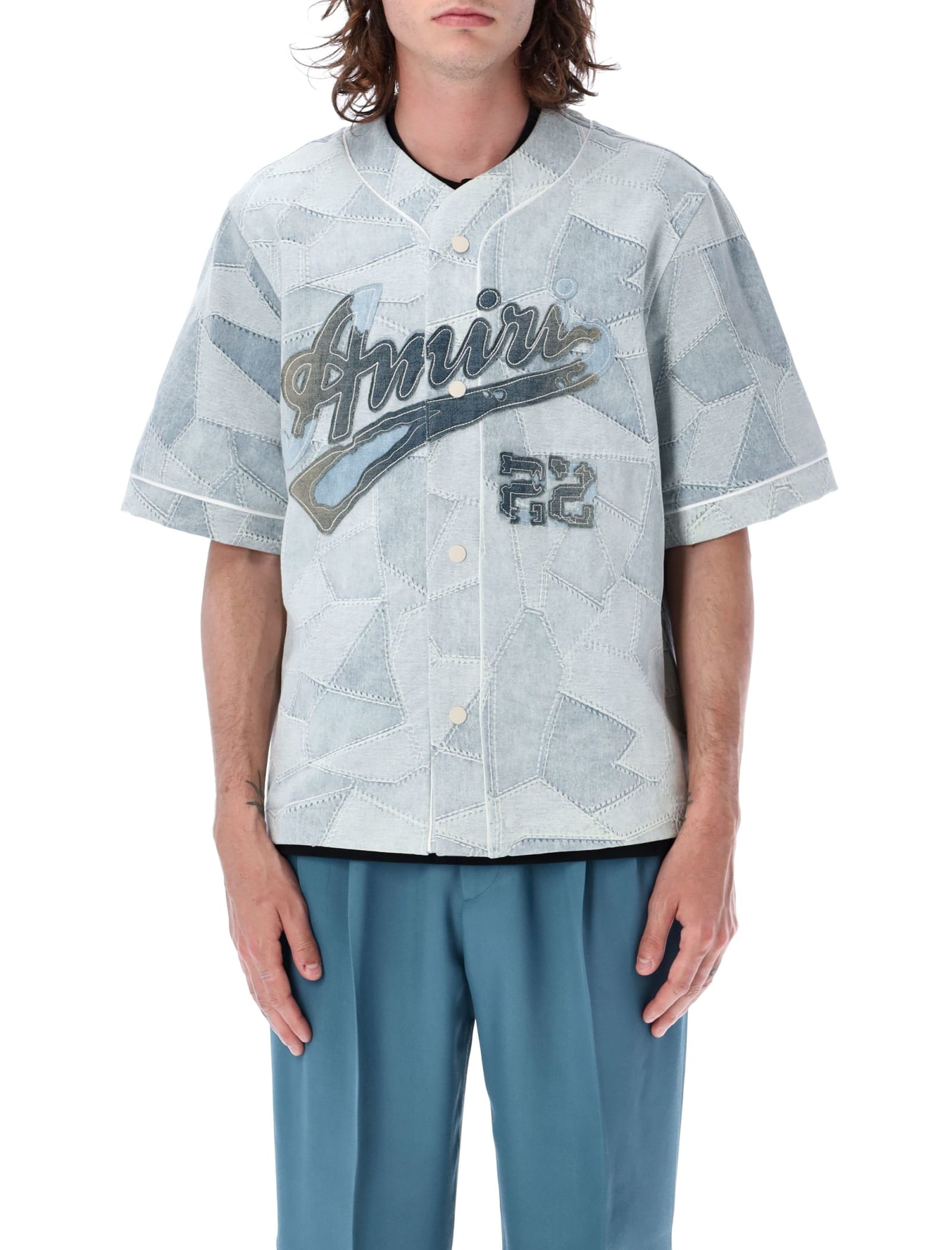 Amiri Patchwork Baseball Shirt In Indigo
