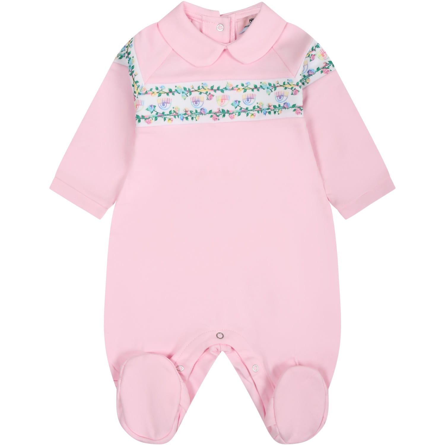 Chiara Ferragni Pink Playsuit For Baby Girl With Flirting Eyes And Multicolor Roses