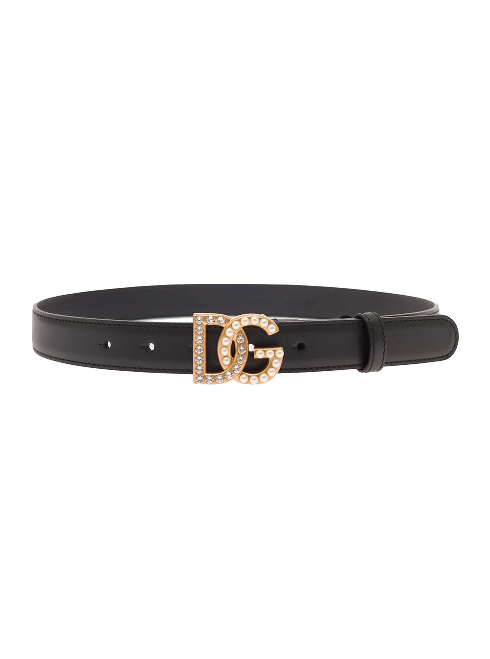 Dolce & Gabbana Black Belt With Dg Logo Buckle With Pearls And Rhinestones In Smooth Leather Woman