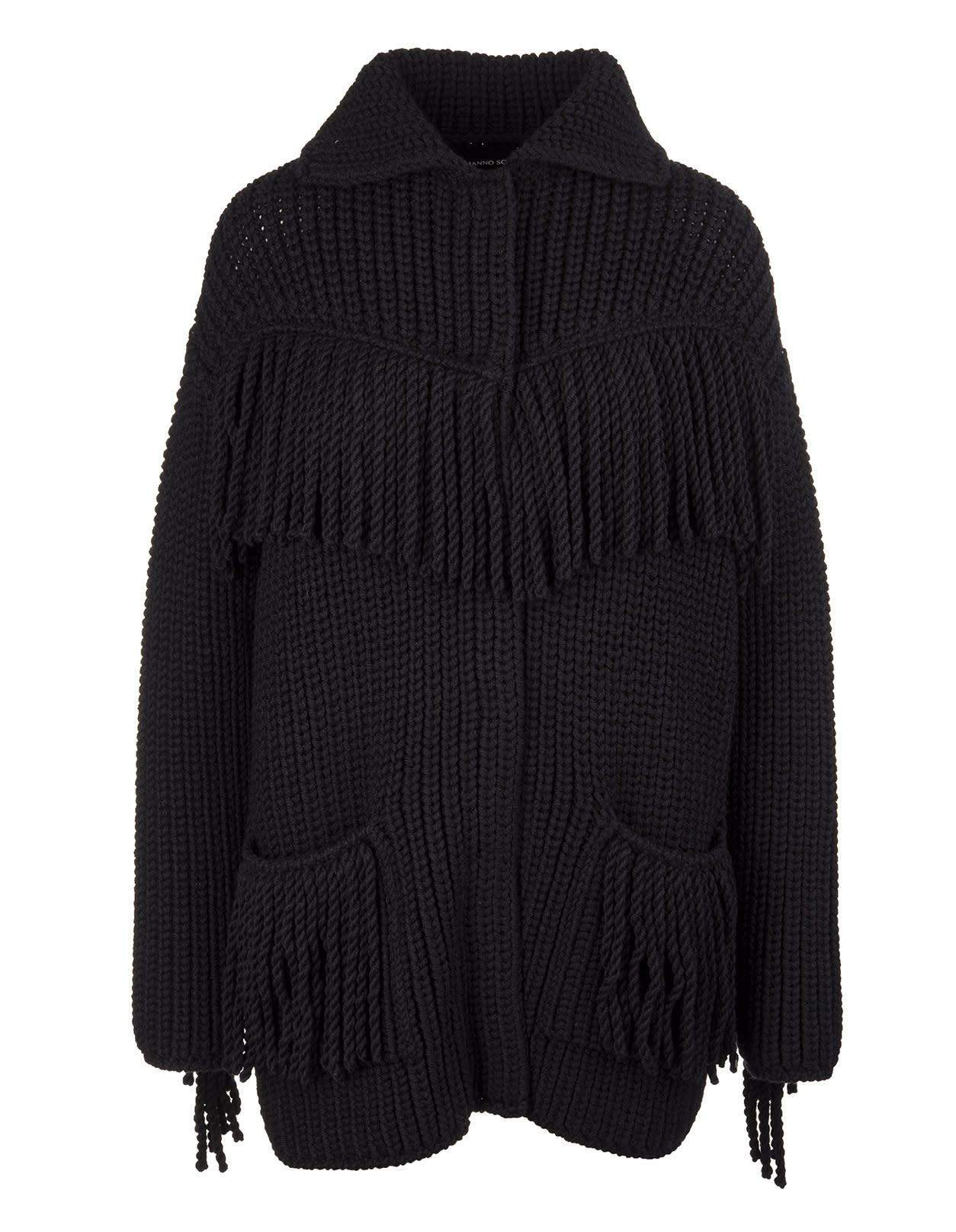 Ermanno Scervino Black Short Wool Coat With Fringes