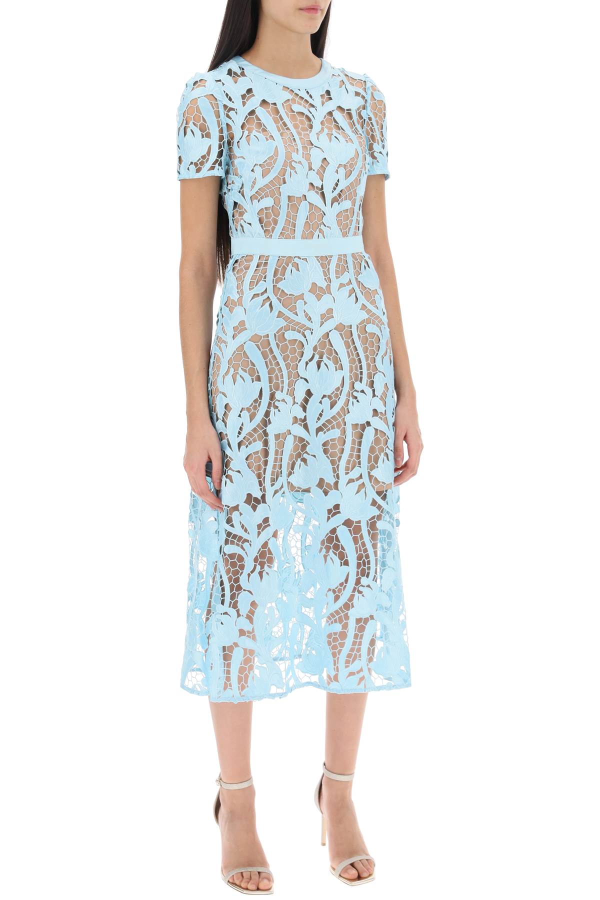 Self-portrait Self Portrait Women Light Blue Short Sleeve Round Neckline Lace Midi Dress In Blue