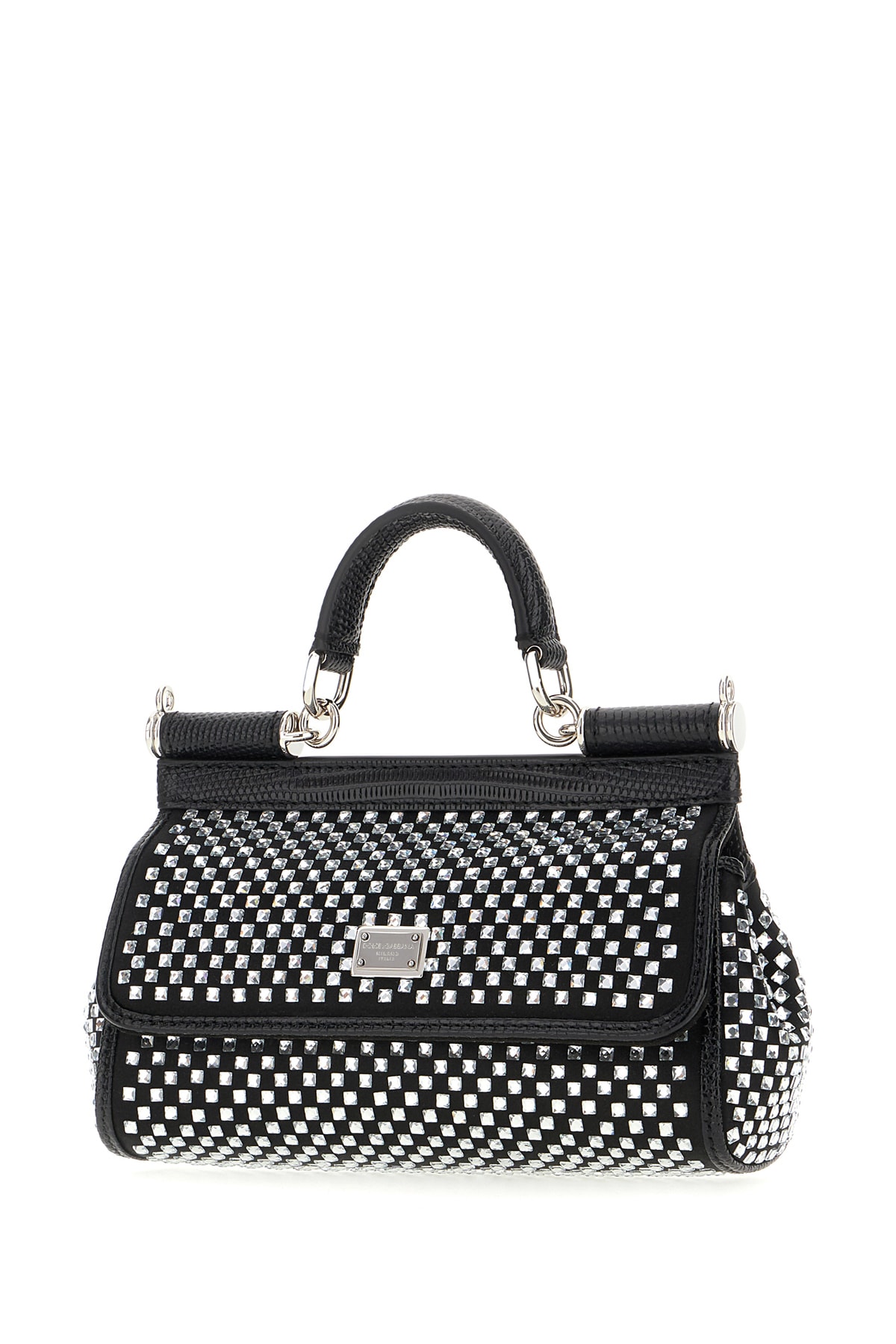 Shop Dolce & Gabbana Embellished Fabric And Calf Small Sicily Handbag In Nero Cristallo