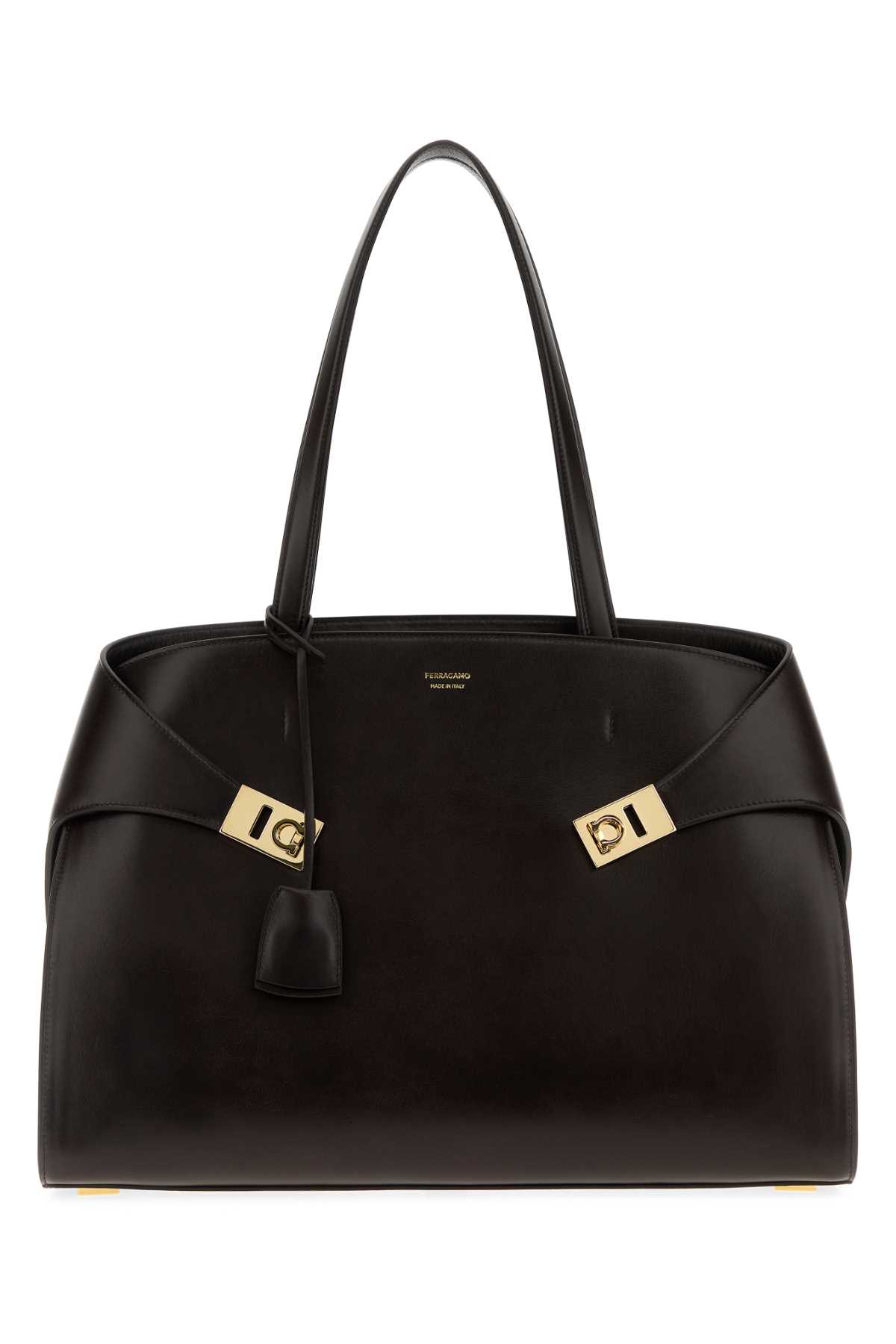 Ferragamo Dark Brown Hug Shopping Bag In Black
