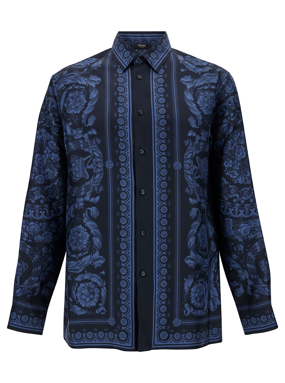 Shop Versace Black And Blue Shirt With All-over Barocco Print In Silk Man