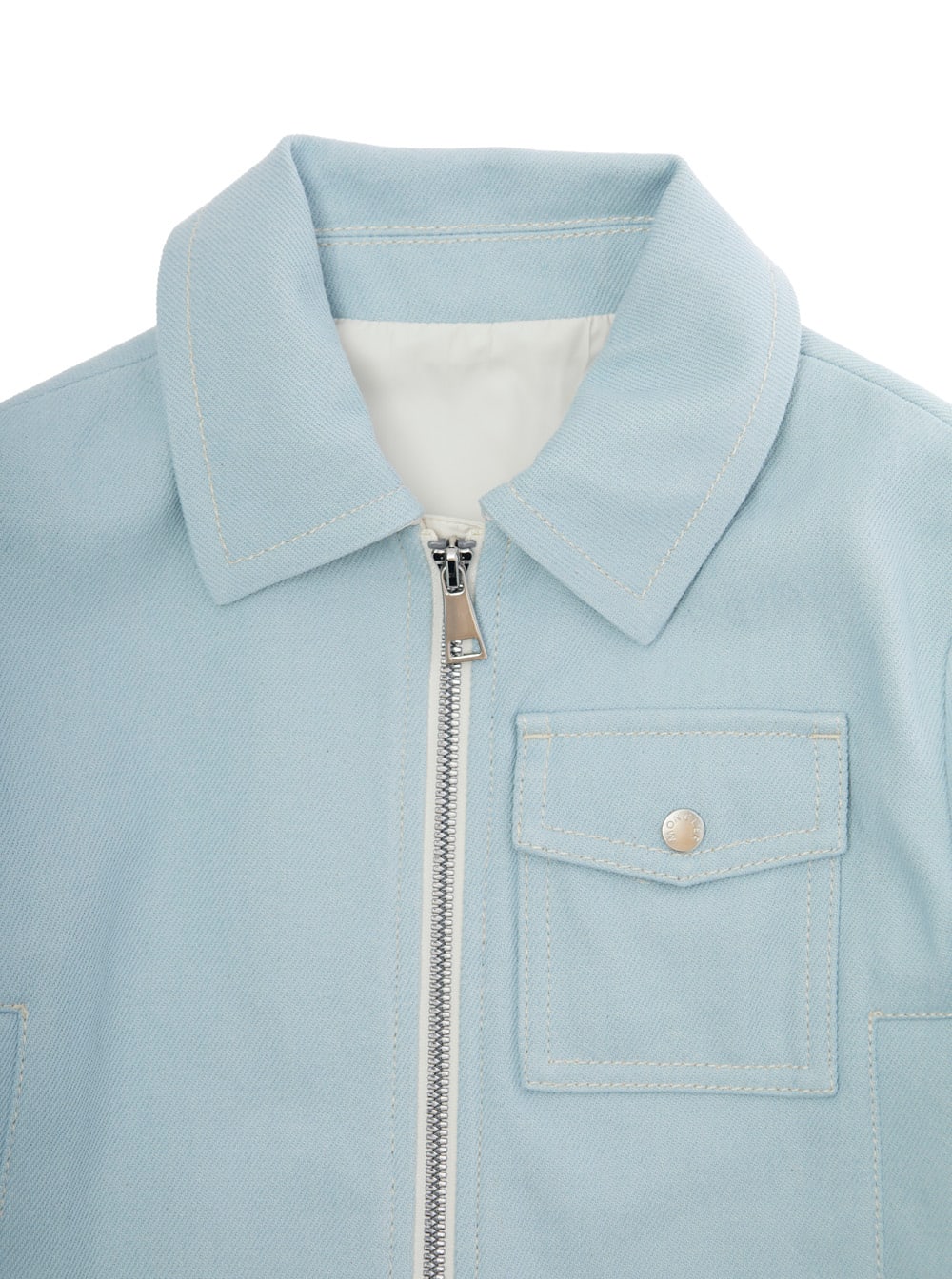 Moncler Esme Light Blue Jacket With Hood And Logo Patch On The Sleeve In Tech Fabric Girl In Blue