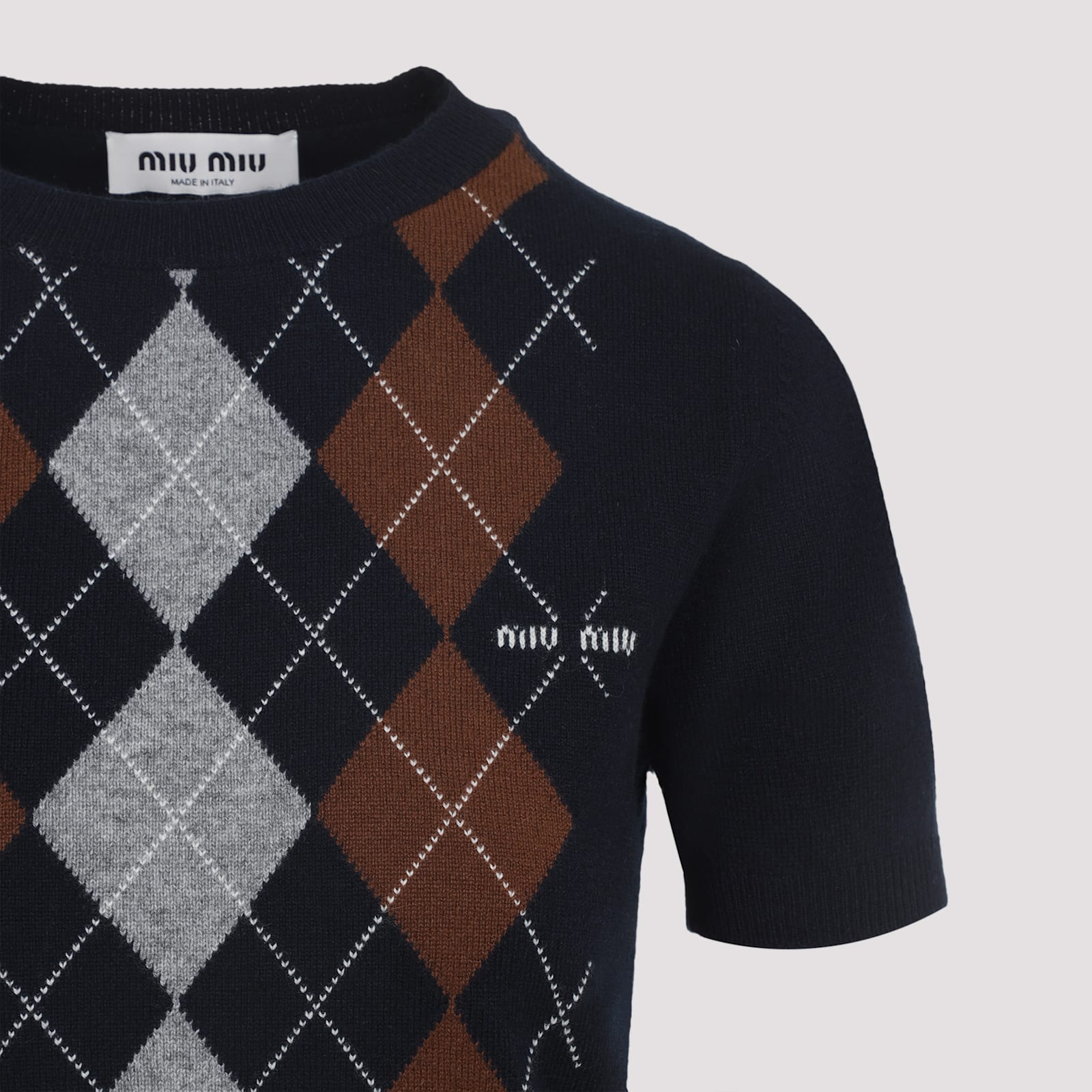 Miu Miu Cashmere Argyle Short-sleeve Sweater In Black