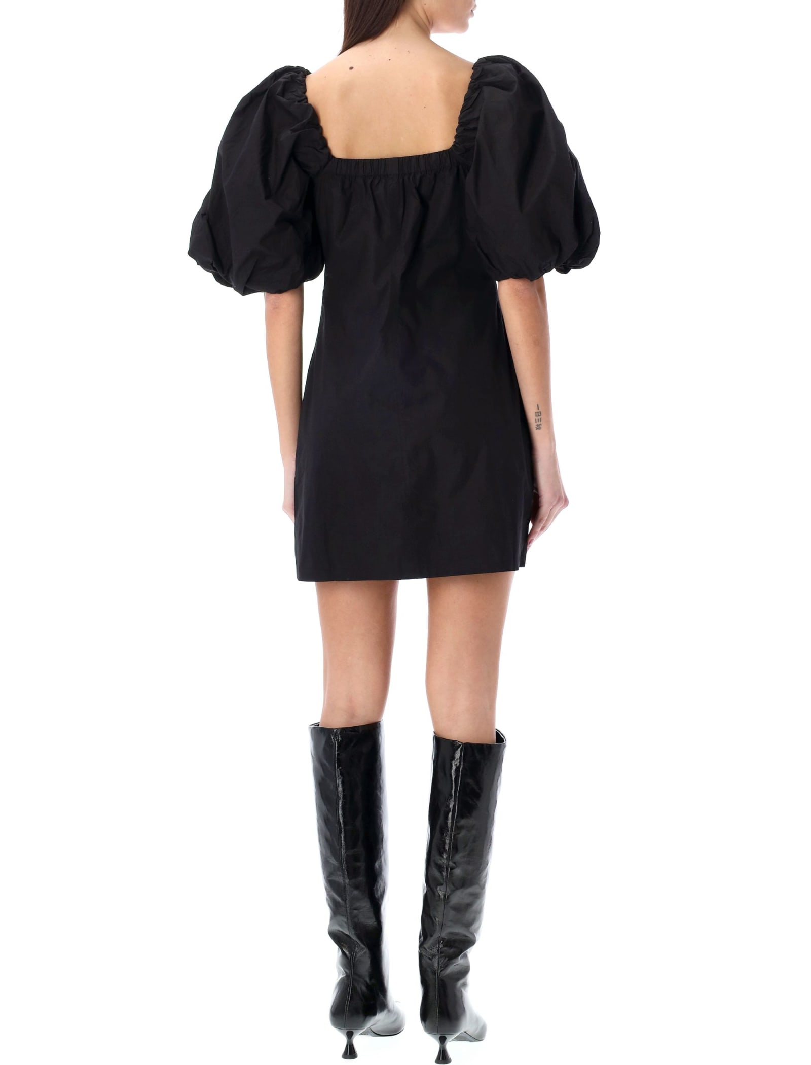Shop Ganni Poplin Puff Sleeves Mini Dress In Black