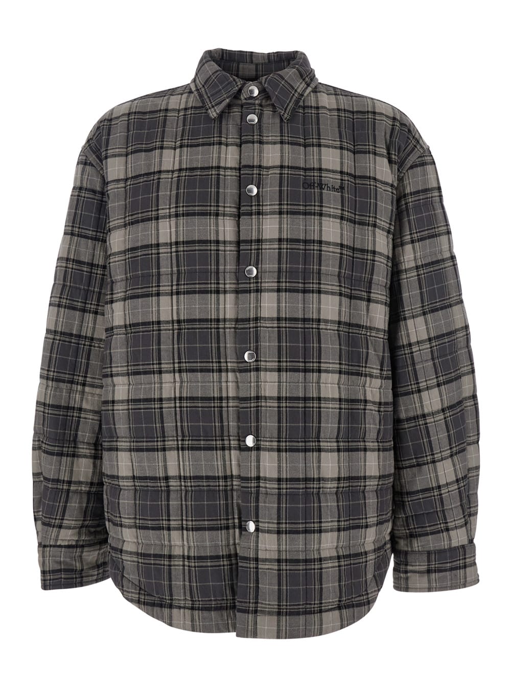 Off-white Grey Shirt With Logo Lettering On The Front And All-over Check Motif In Cotton Man In Gray