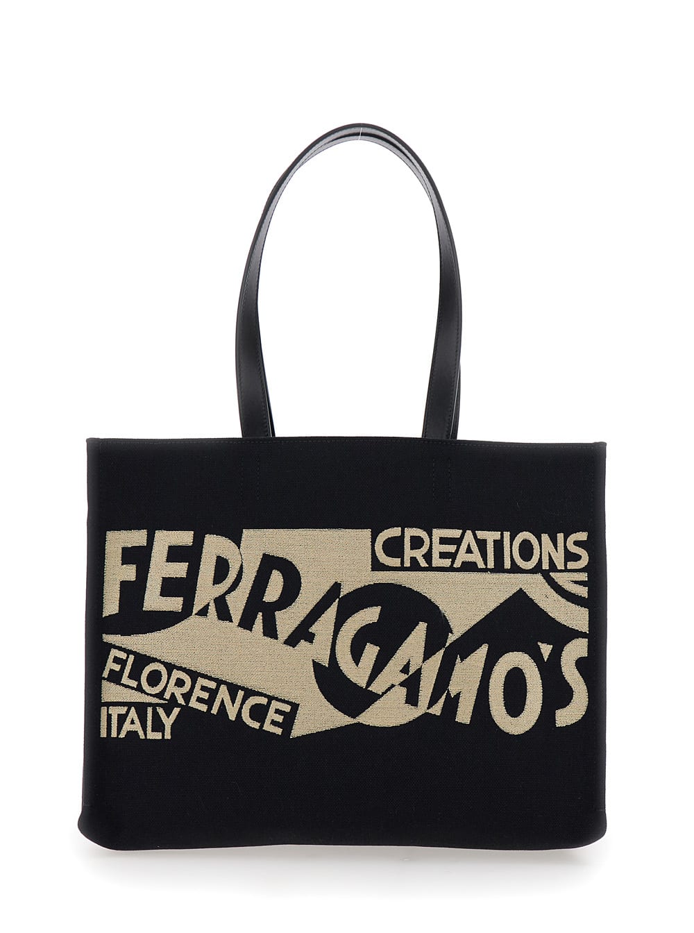 Shop Ferragamo Black Tote Bag With Lucio Venna Logo Print In Fabric Woman