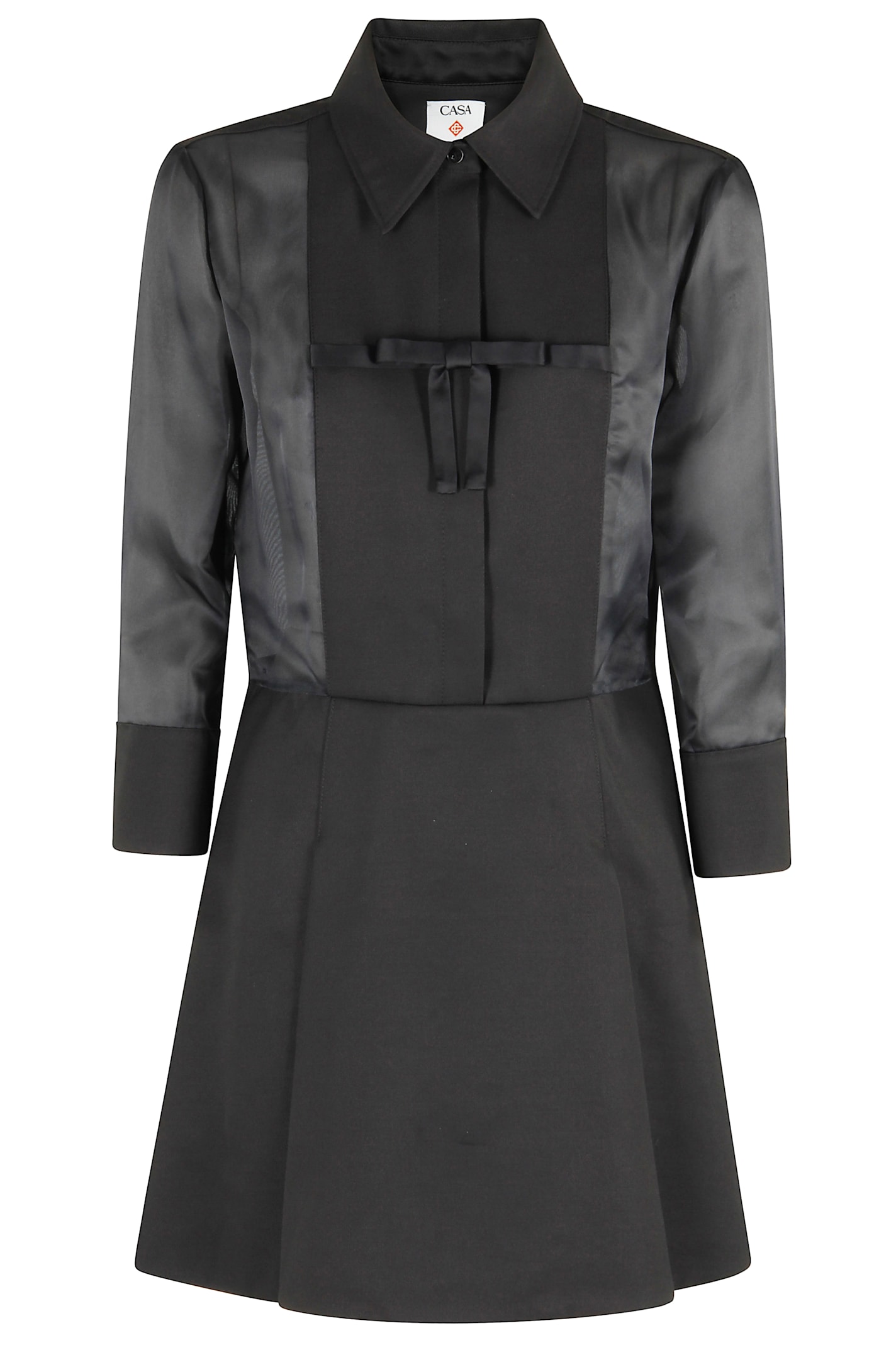 Casablanca Pleated Dress With Bow Detail And Sheer Sleeves In Black