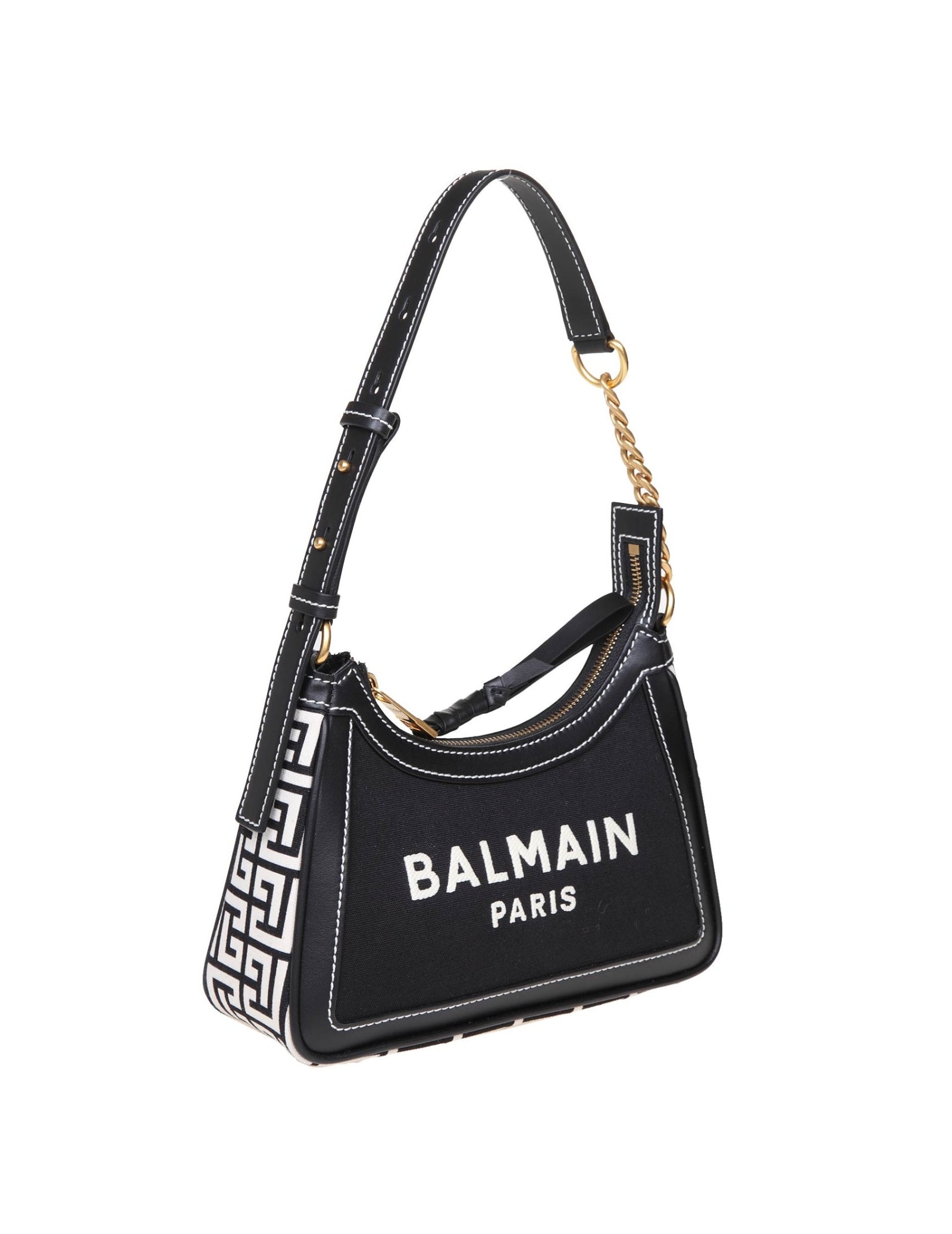 Shop Balmain B-army Shoulder Bag In Canvas And Leather In Ivoire/noir