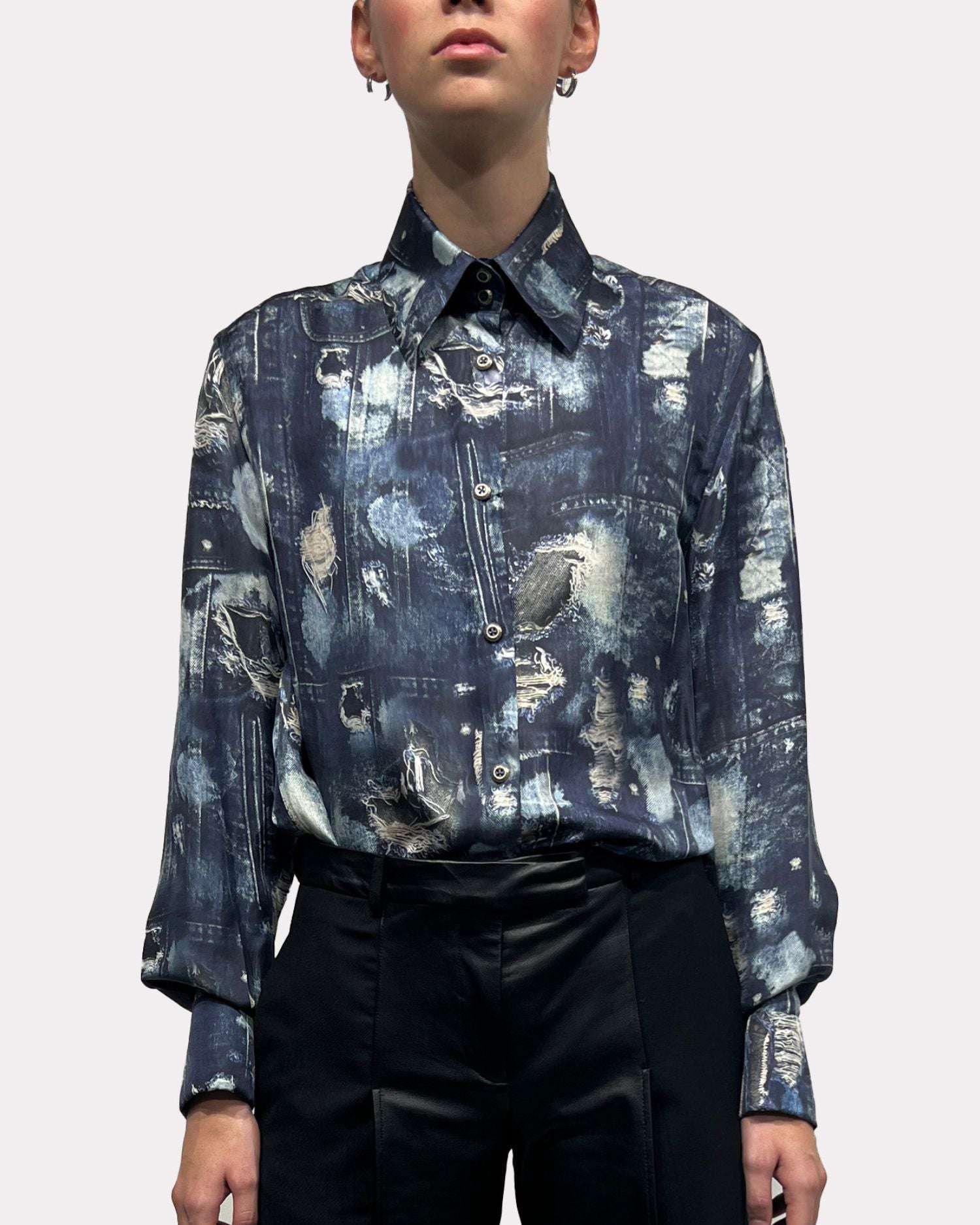 Shop John Richmond Shirt With Iconic Runway Denim-effect Pattern And Long Puff Sleeves. In Fantasia