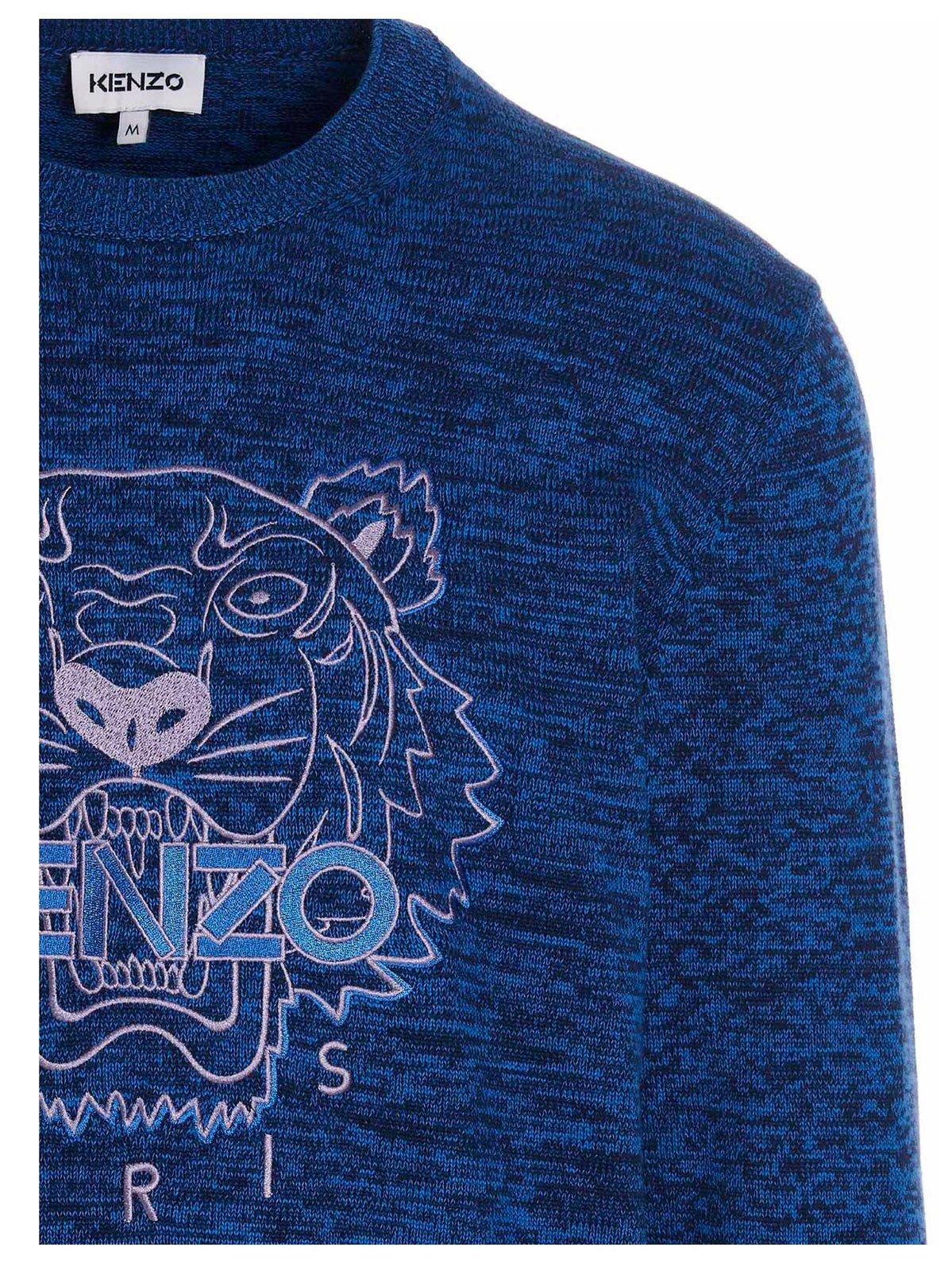 Shop Kenzo Logo Embroidered Crewneck Sweater In Blue