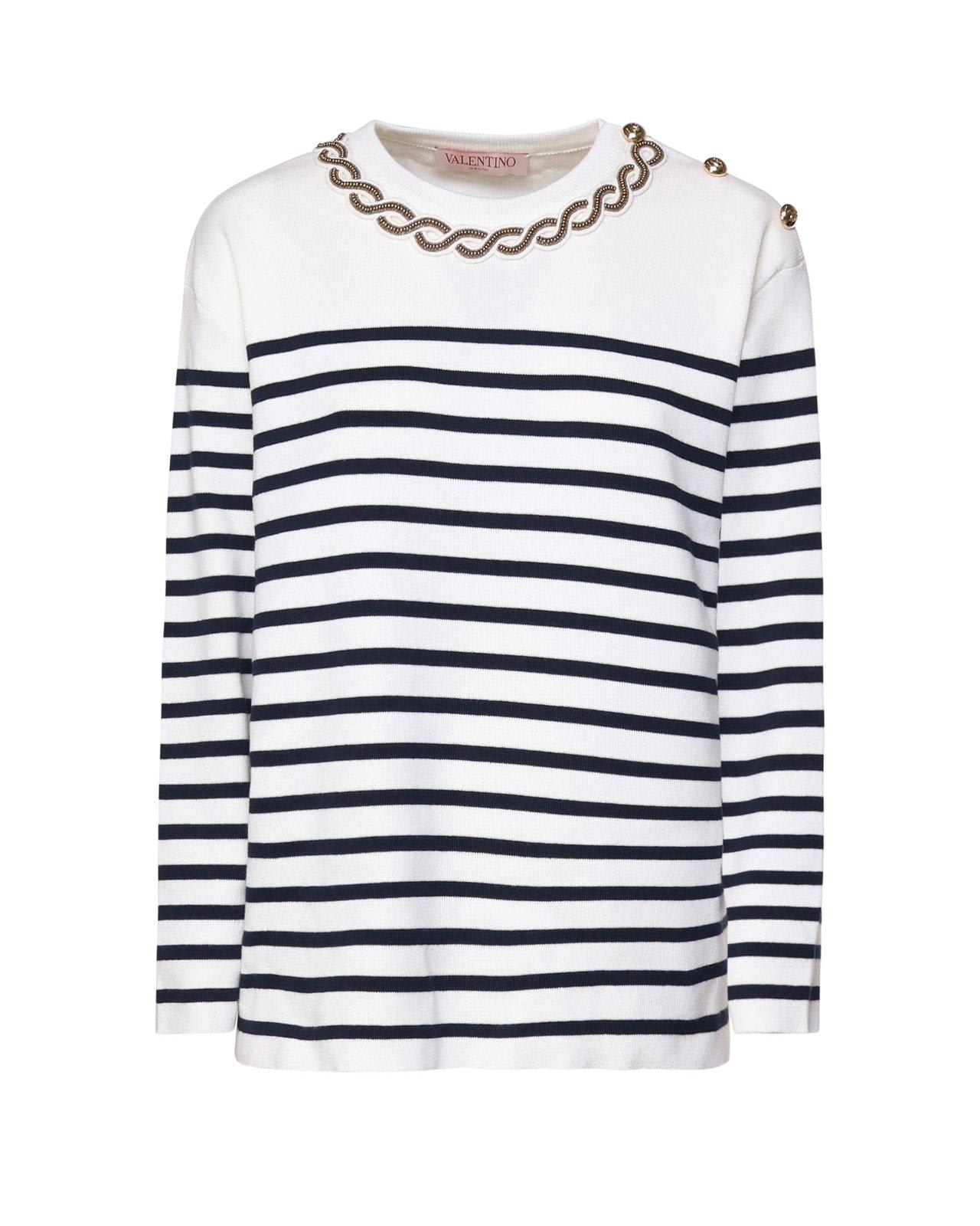 Shop Valentino Embellished Striped Crewneck Jumper