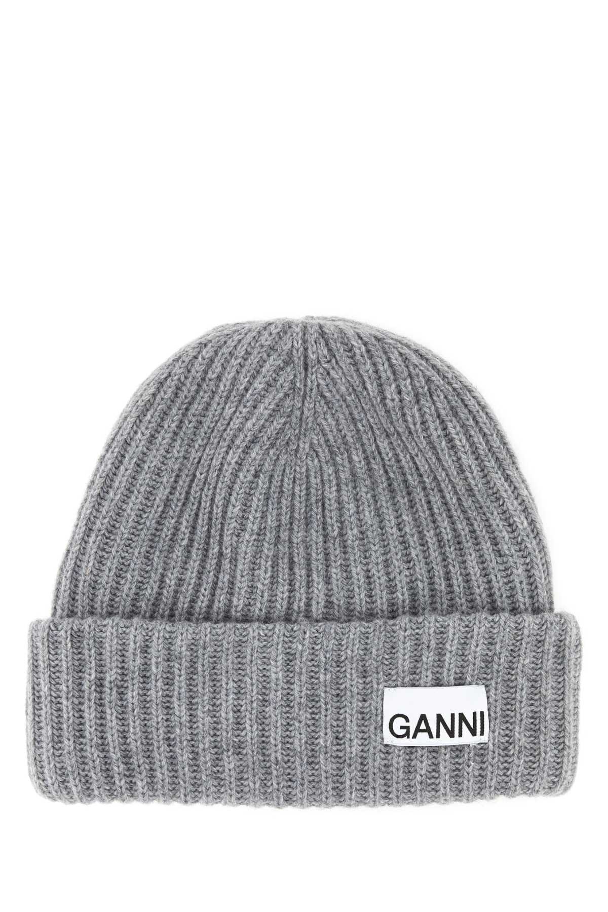 Ganni Womens Logo-patch Wool-blend Beanie Hat Paloma Melange In Gray