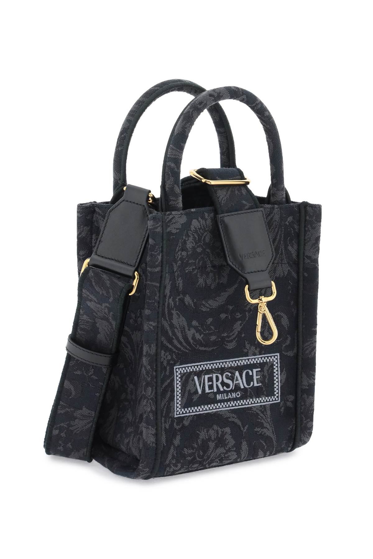 Shop Versace Athena Barocco Mini Tote Bag In Blackblackgold