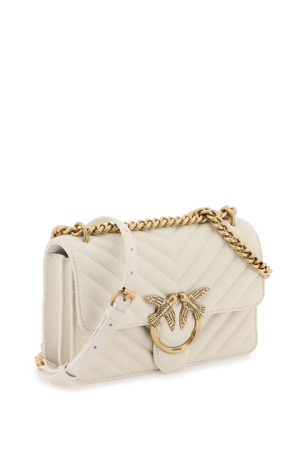 Shop Pinko Mini Love Bag One Chevron In Bianco Seta-antique Gold (white)