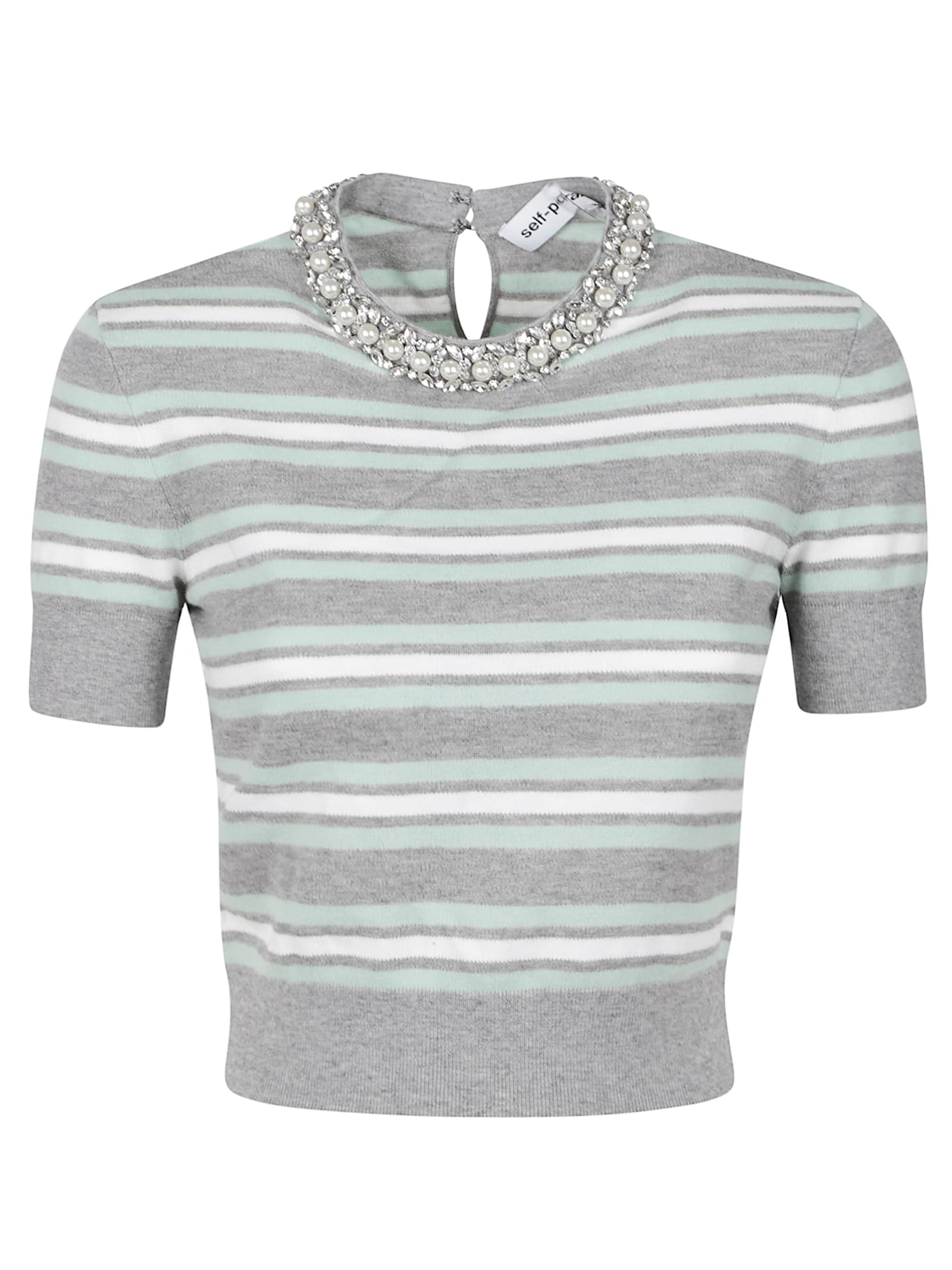 Self-portrait Grey Cropped Top Wih Crewneck With Crystal Embellishments And All-over Striped Motif In Wool Blend W In Gray