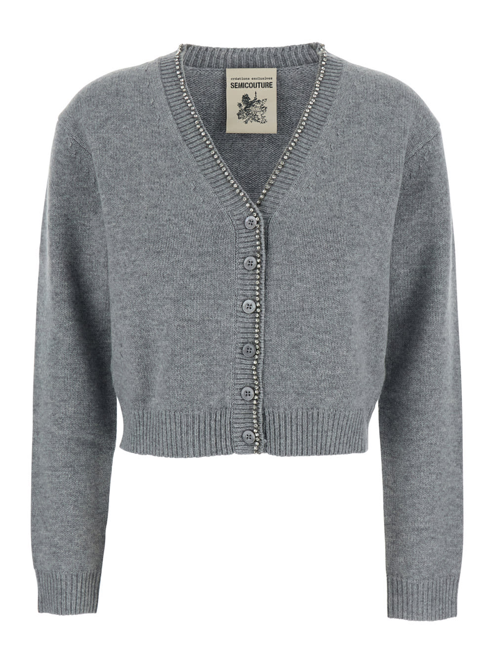 Semicouture Cropped Cashmere Blend Cardigan With Embellished Placket In Gray