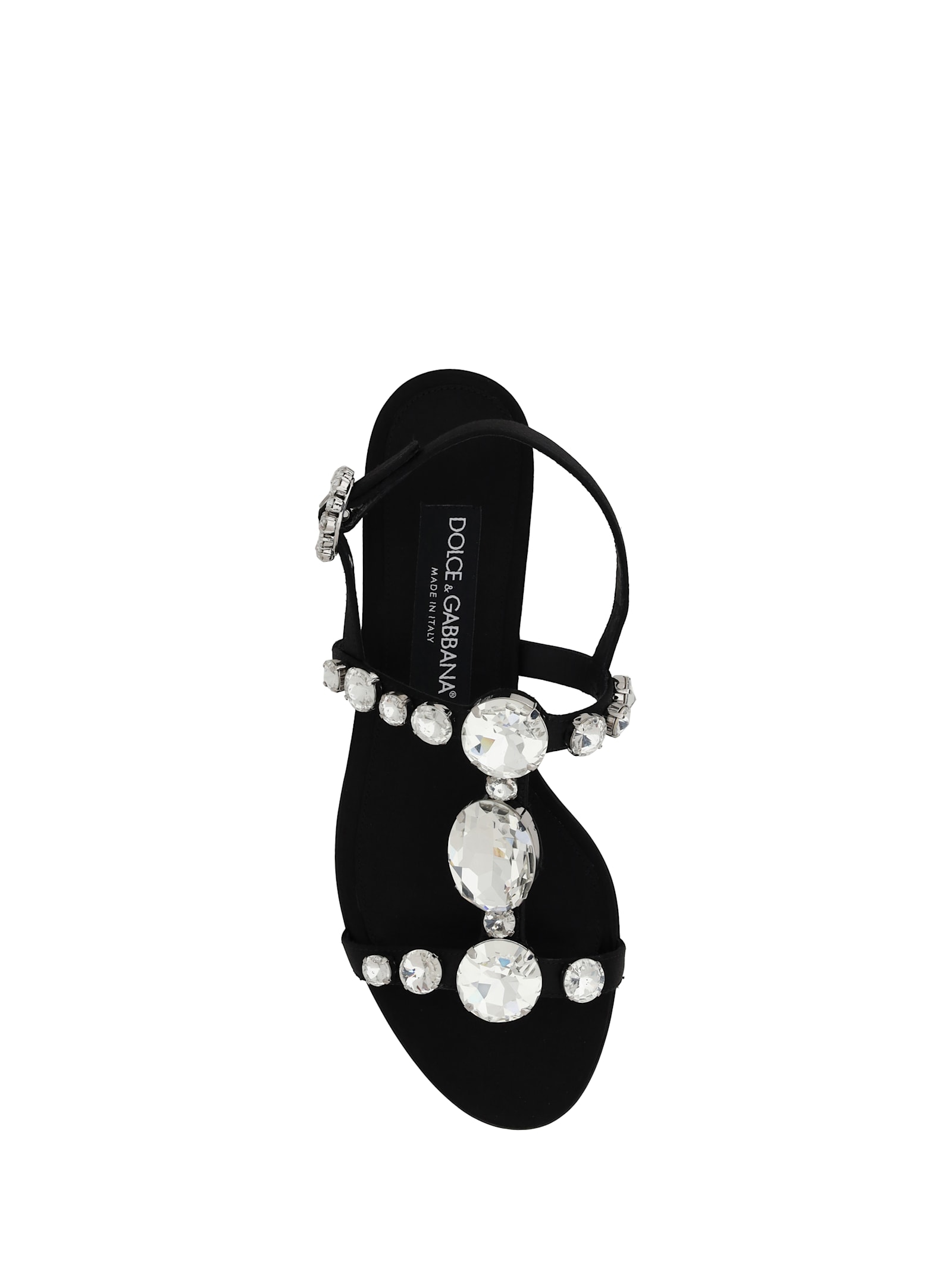 Dolce & Gabbana Black Sandals With Embroidered Stones Decorations In Satin Woman In Nero/crystal