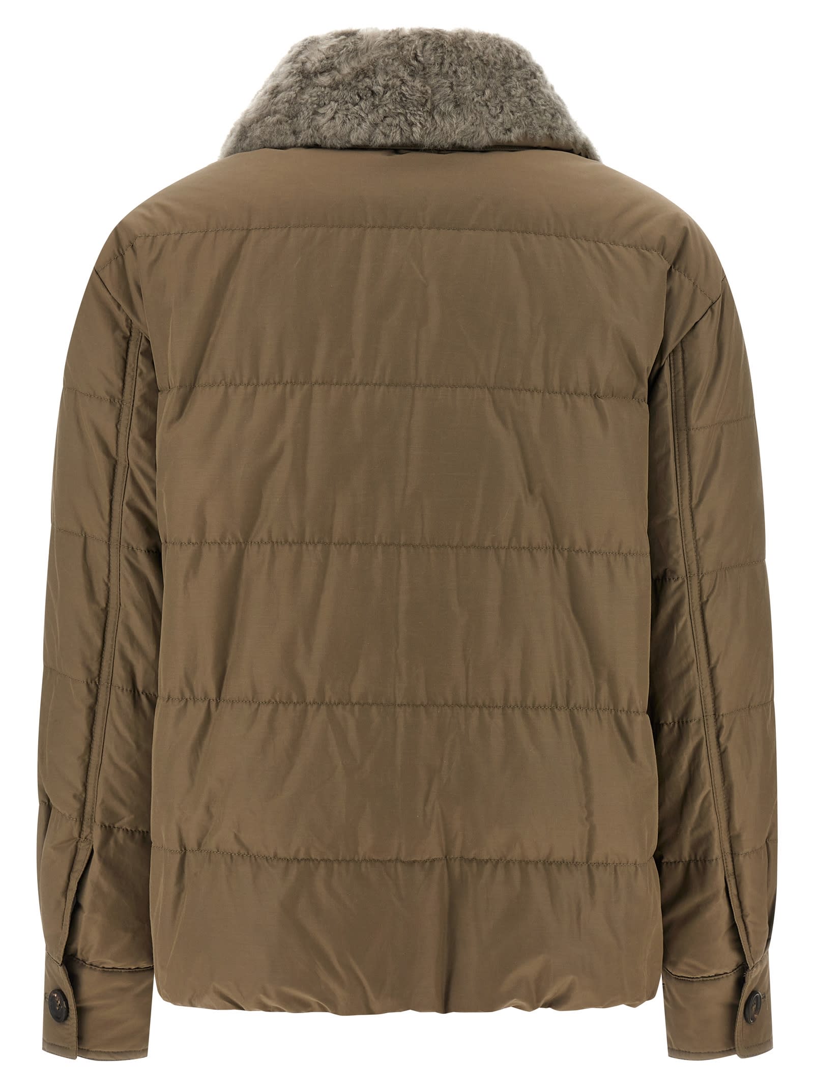 Brunello Cucinelli Quilted Coat With Plush Shearling Collar And Flap Pockets In Brown
