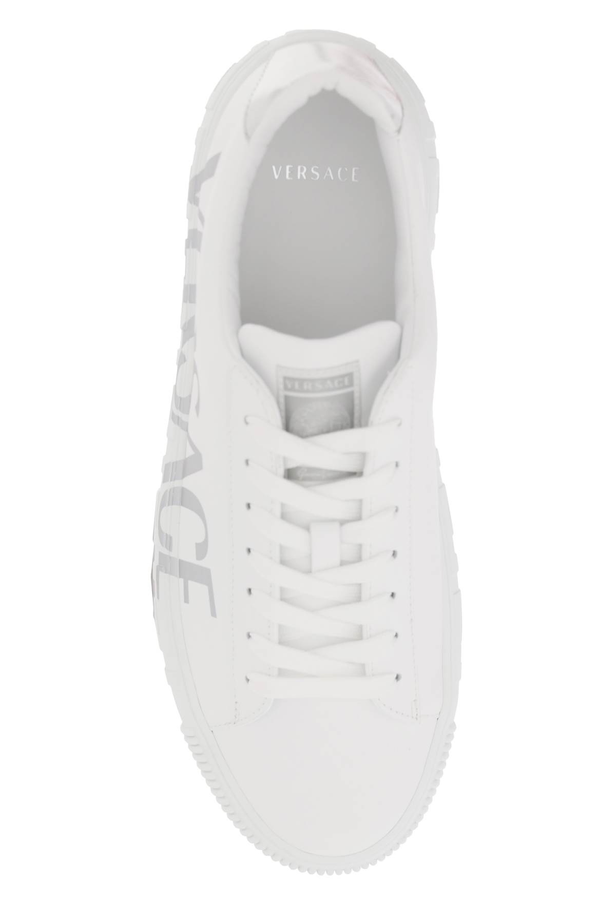 Shop Versace Greca Sneakers With Logo In White Silver (white)