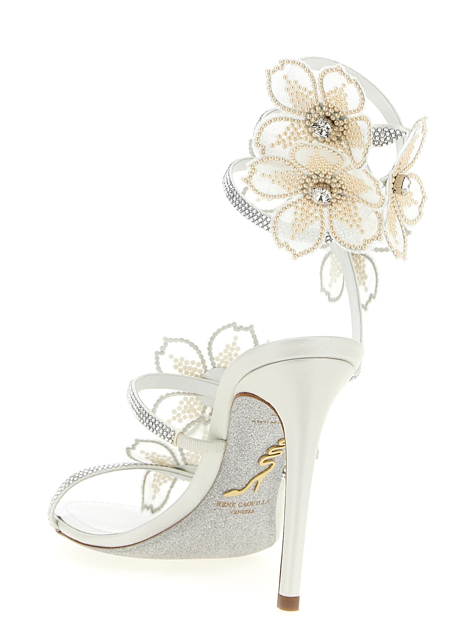 René Caovilla Peach Flower Sandals In White