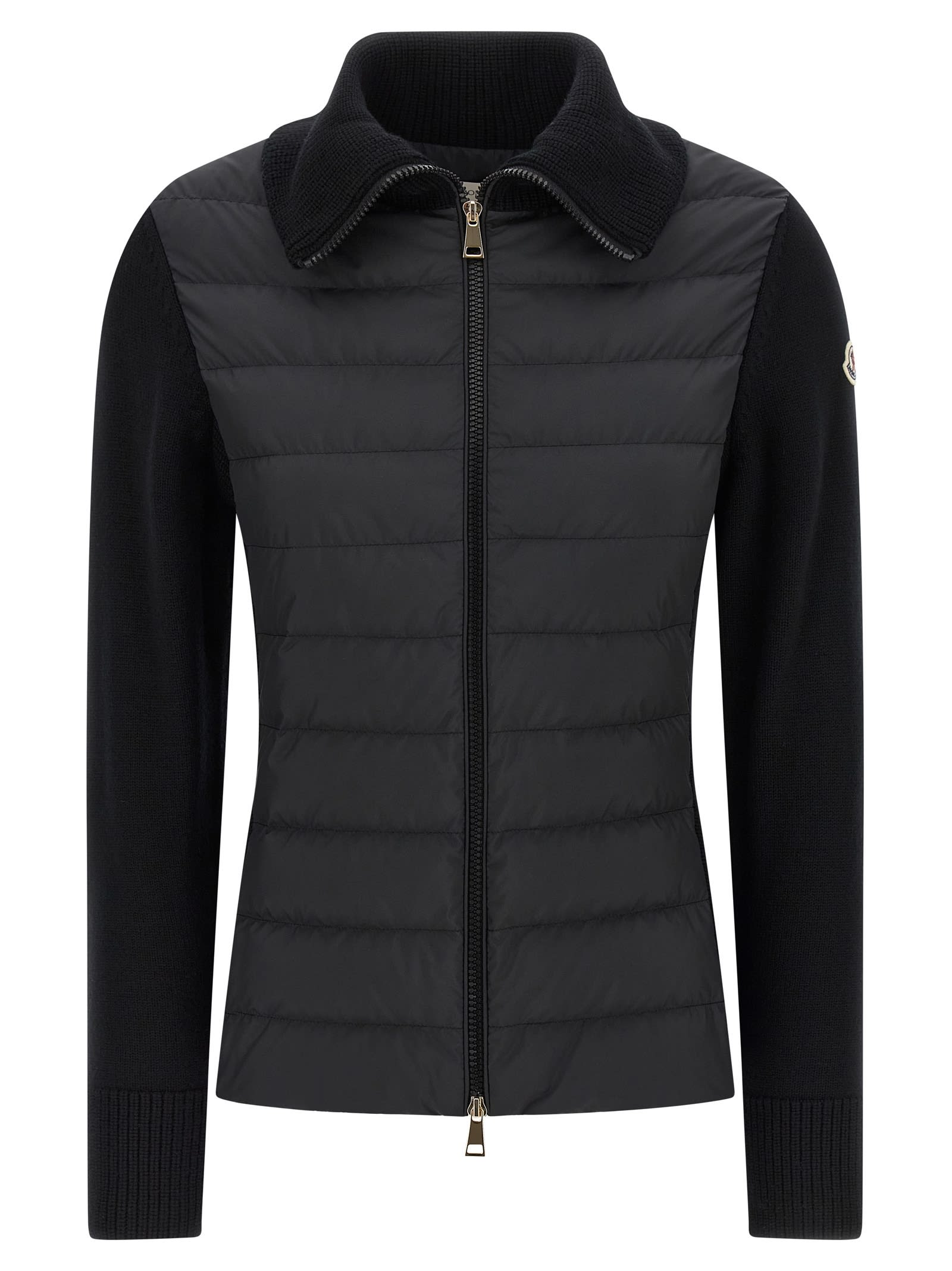Moncler Two-material Cardigan With Goose Down Padding And High Neck In Multi