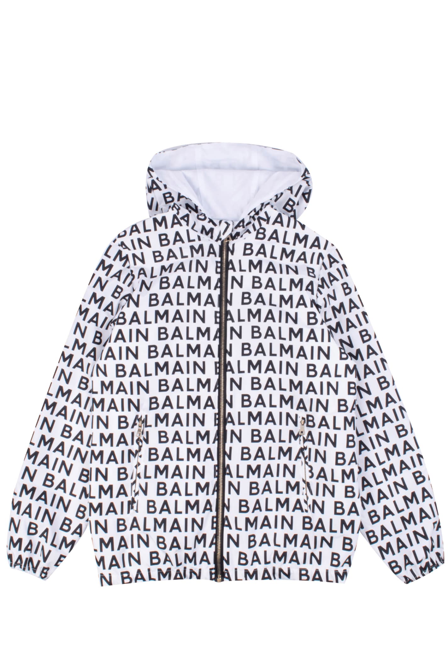 Balmain Teen Logo-print Hooded Zip-up Jacket In White
