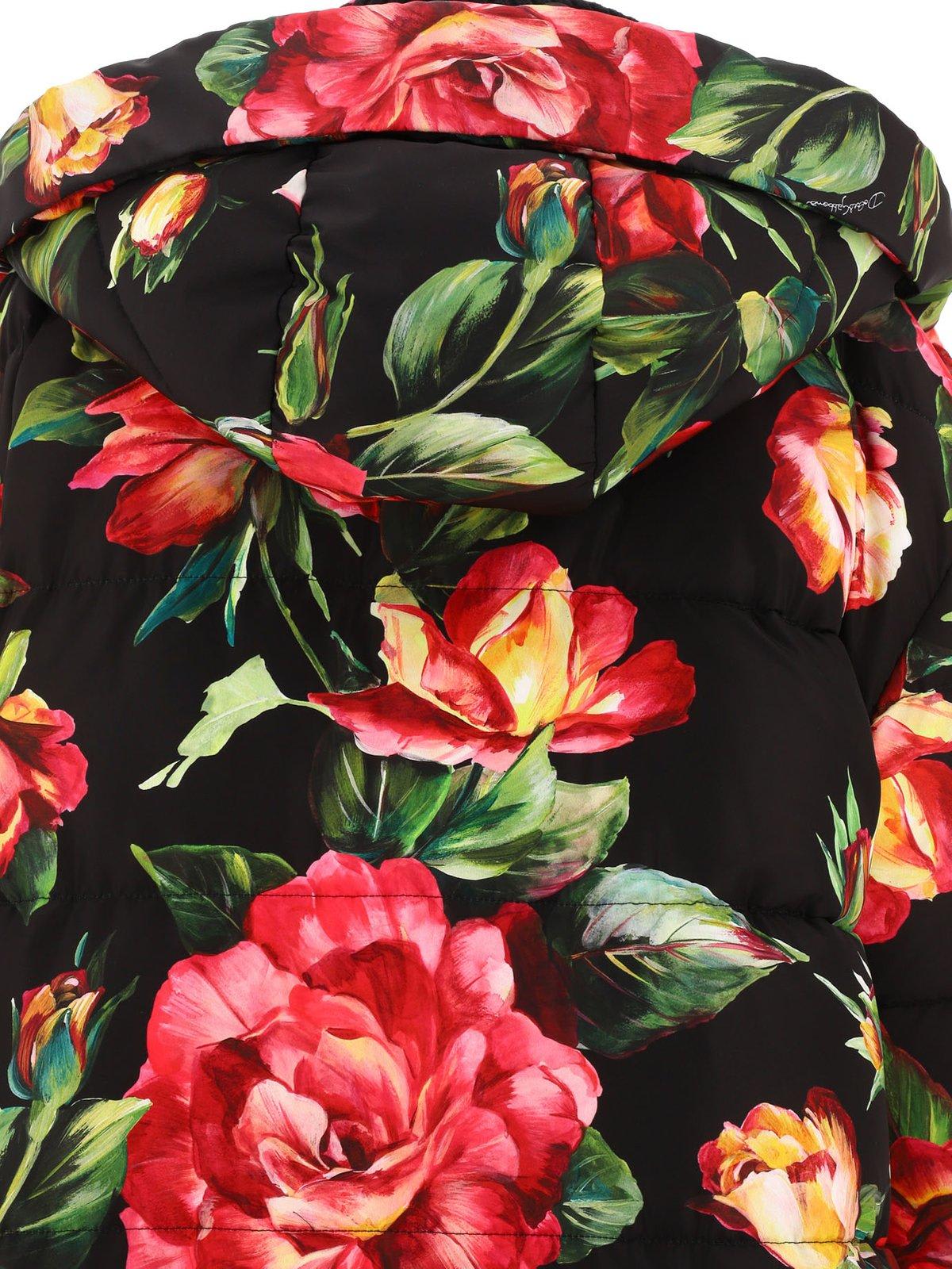 Shop Dolce & Gabbana Floral-printed High-neck Long Coat In Black