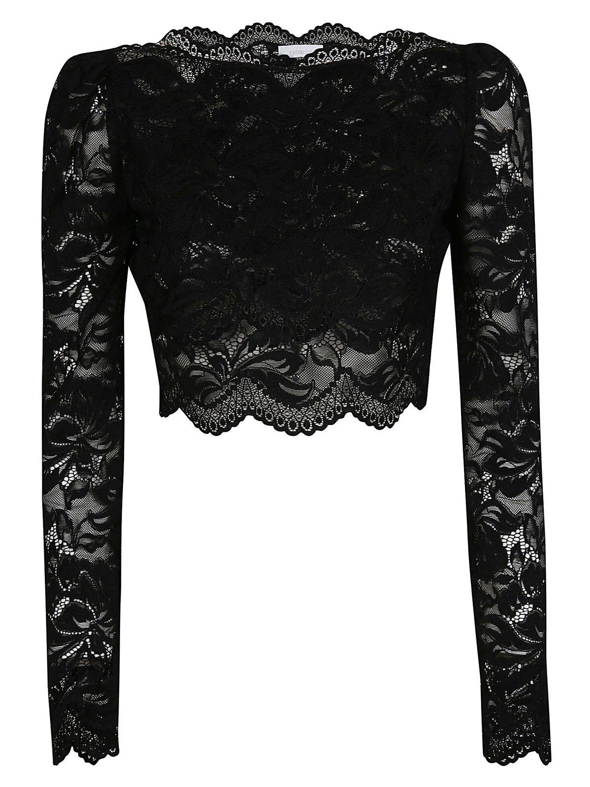 Shop Rabanne Long Sleeved Cropped Lace Top In Black
